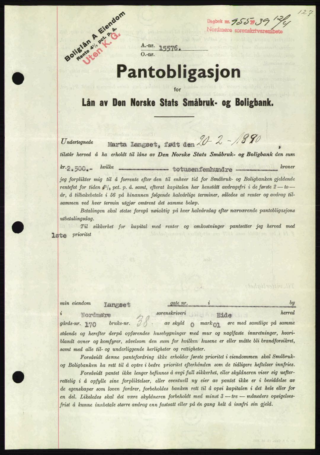 Nordmøre sorenskriveri, AV/SAT-A-4132/1/2/2Ca: Pantebok nr. B85, 1939-1939, Dagboknr: 955/1939