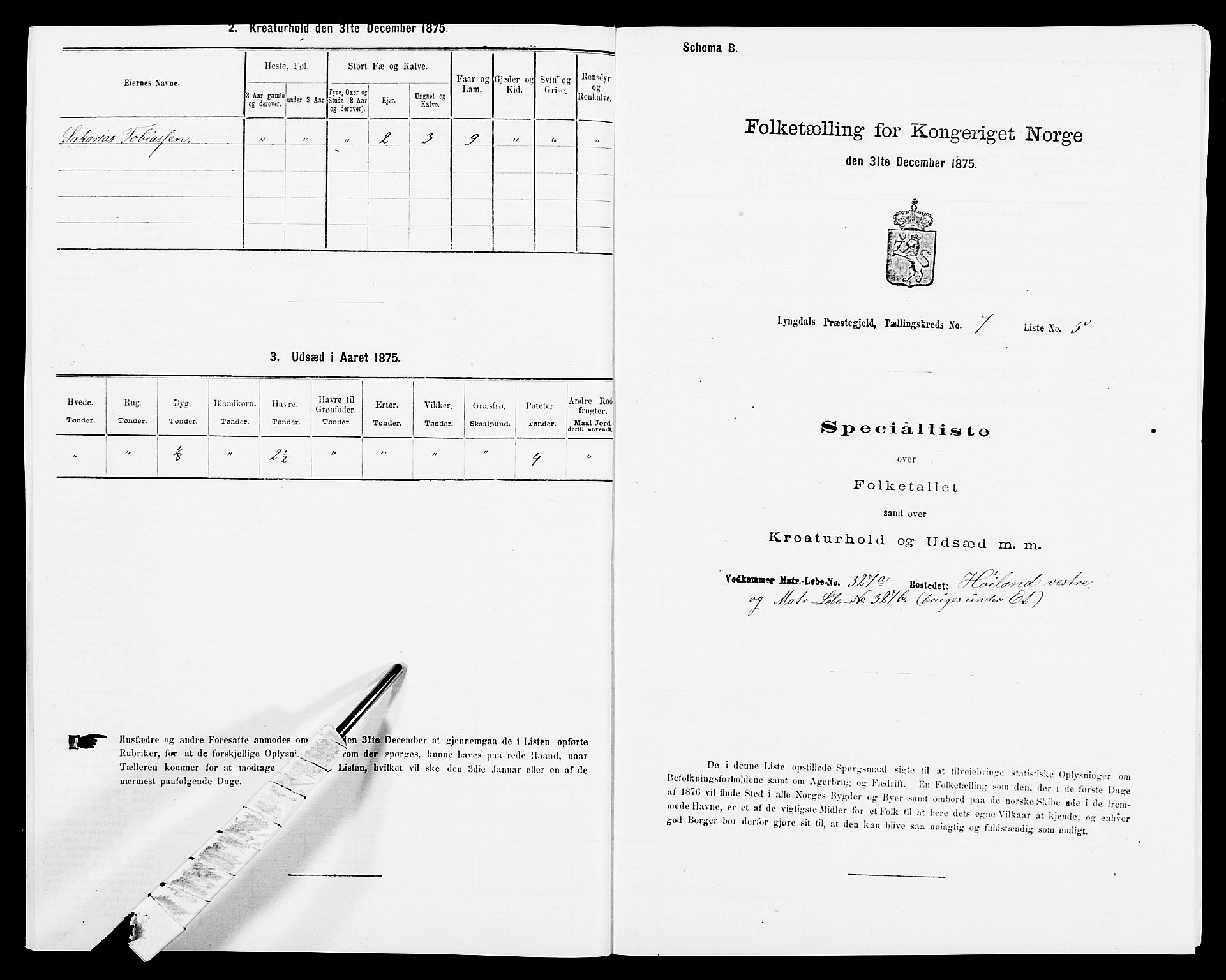 SAK, Folketelling 1875 for 1032P Lyngdal prestegjeld, 1875, s. 1109