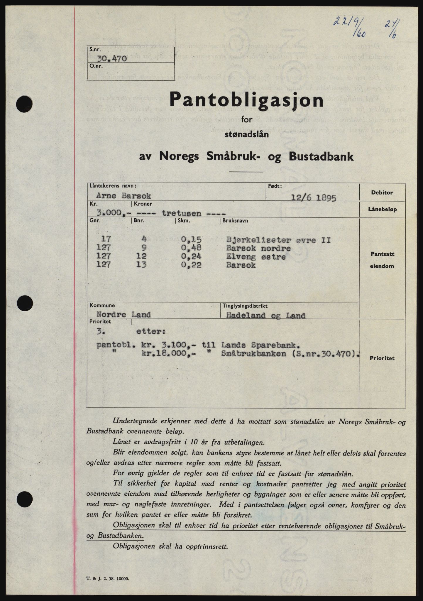 Hadeland og Land tingrett, SAH/TING-010/H/Hb/Hbc/L0043: Pantebok nr. B43, 1960-1960, Dagboknr: 2219/1960
