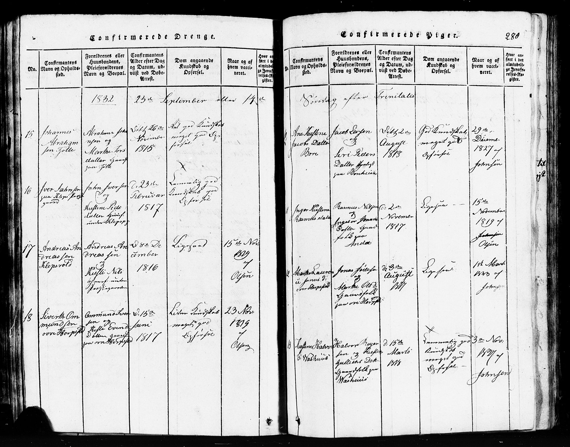 Klepp sokneprestkontor, AV/SAST-A-101803/001/3/30BB/L0001: Klokkerbok nr.  B 1, 1816-1859, s. 280