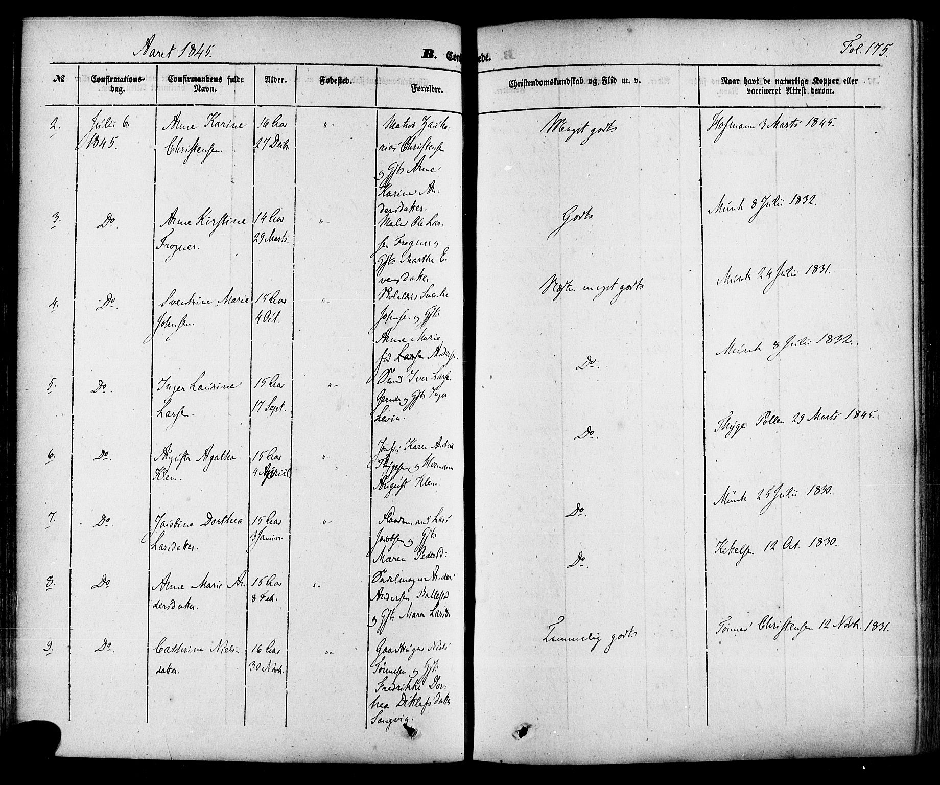 Skien kirkebøker, SAKO/A-302/F/Fa/L0006a: Ministerialbok nr. 6A, 1843-1856, s. 175