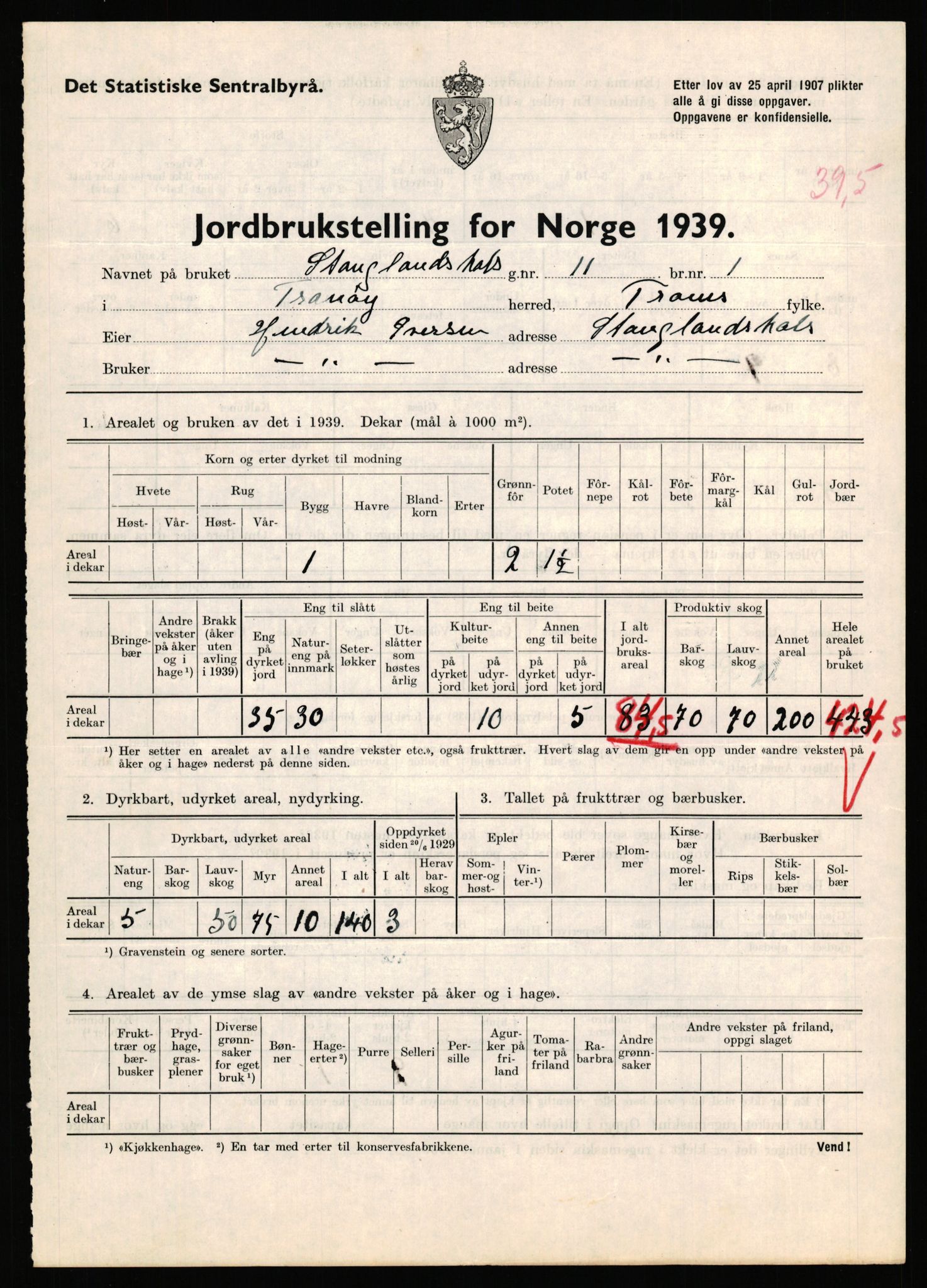 Statistisk sentralbyrå, Næringsøkonomiske emner, Jordbruk, skogbruk, jakt, fiske og fangst, AV/RA-S-2234/G/Gb/L0341: Troms: Sørreisa og Tranøy, 1939, s. 1641