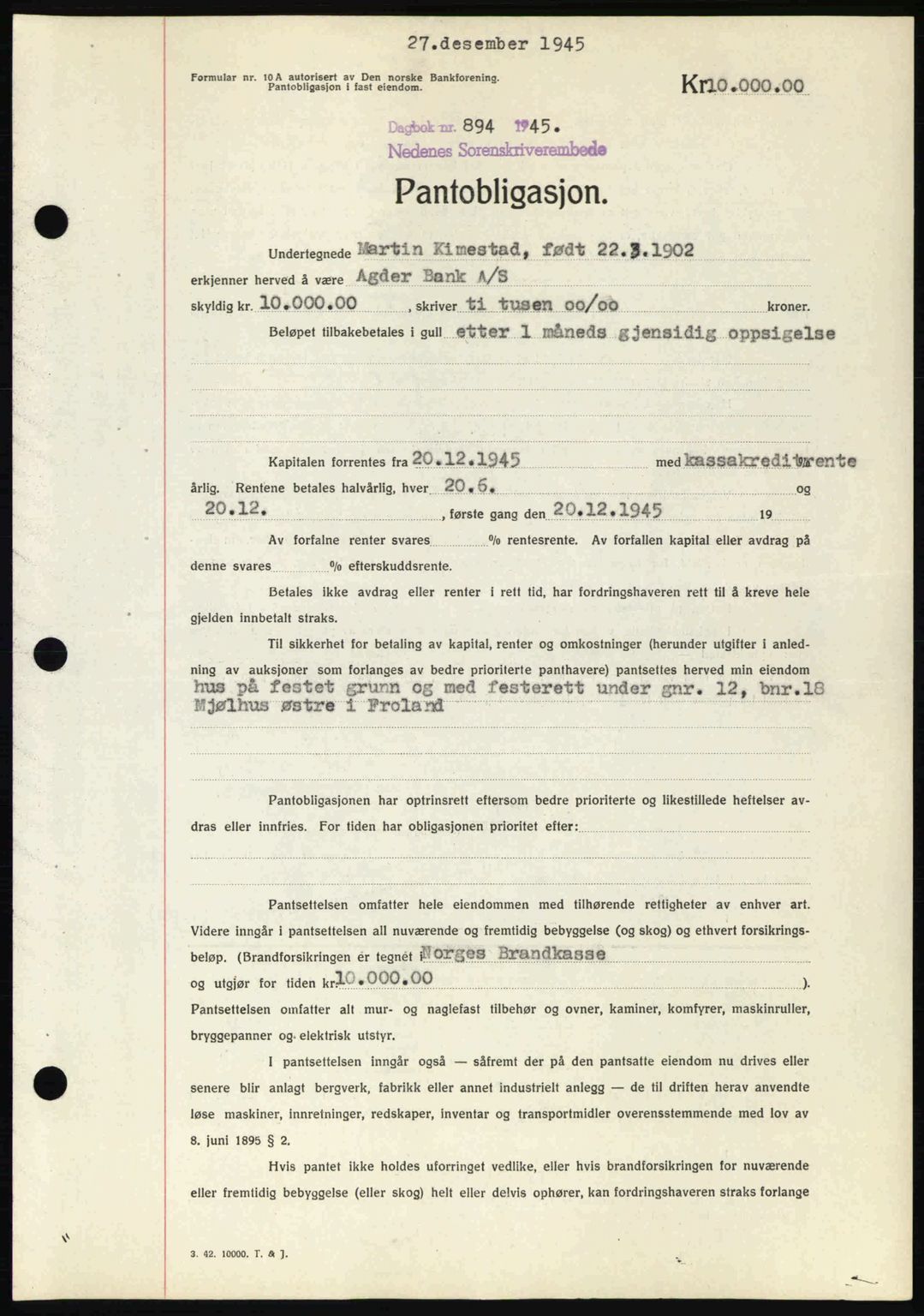 Nedenes sorenskriveri, SAK/1221-0006/G/Gb/Gbb/L0003: Pantebok nr. B3a, 1945-1945, Dagboknr: 894/1945
