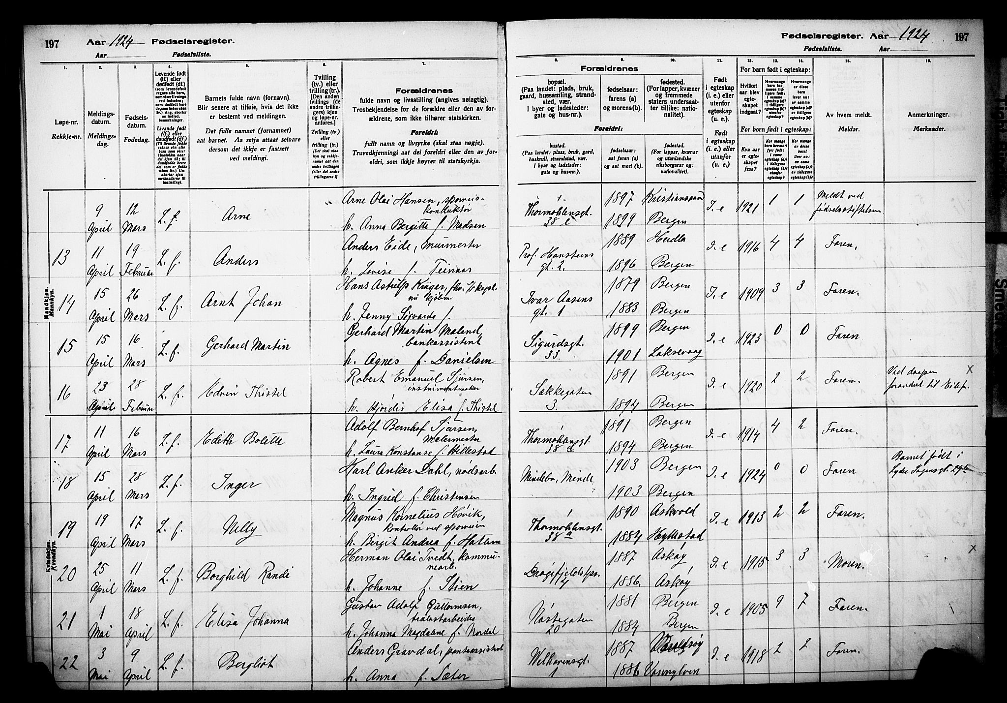 Johanneskirken sokneprestembete, AV/SAB-A-76001/I/Id/L00A1: Fødselsregister nr. A 1, 1916-1924, s. 197