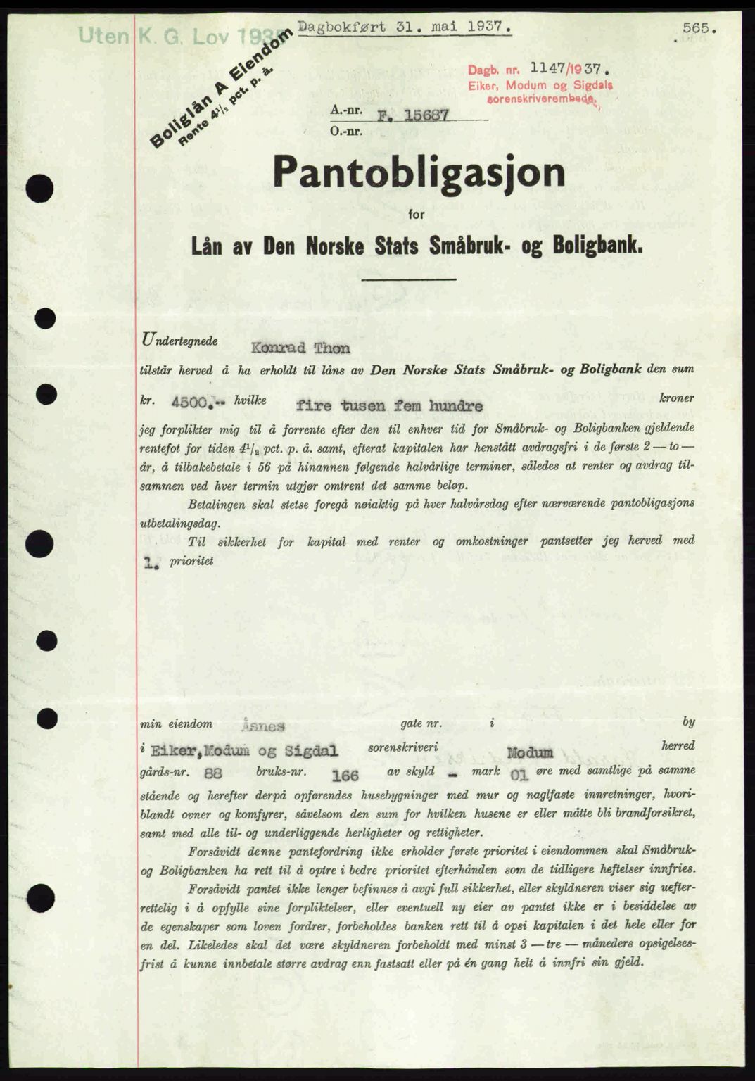 Eiker, Modum og Sigdal sorenskriveri, SAKO/A-123/G/Ga/Gab/L0035: Pantebok nr. A5, 1937-1937, Dagboknr: 1147/1937
