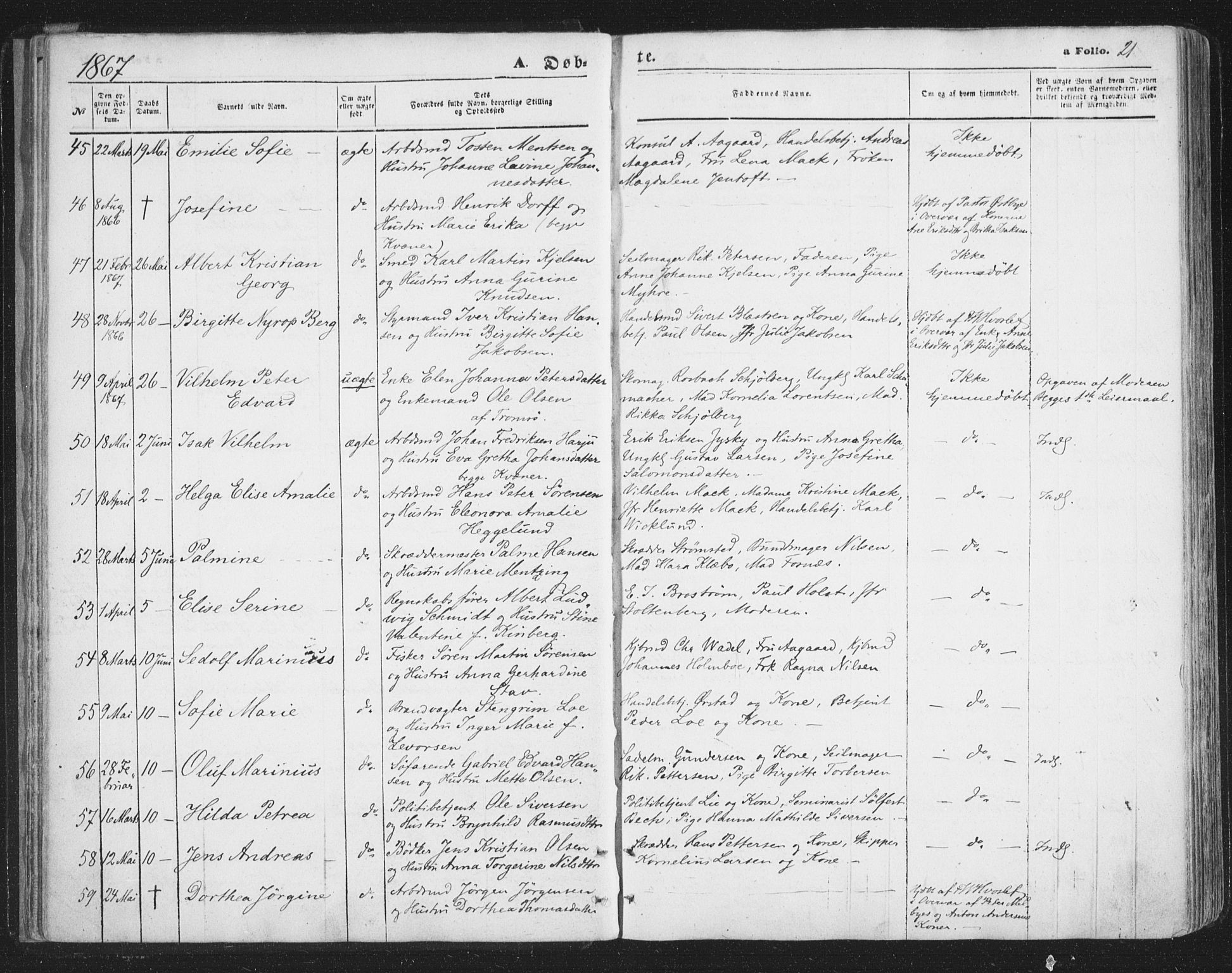 Tromsø sokneprestkontor/stiftsprosti/domprosti, AV/SATØ-S-1343/G/Ga/L0012kirke: Ministerialbok nr. 12, 1865-1871, s. 21