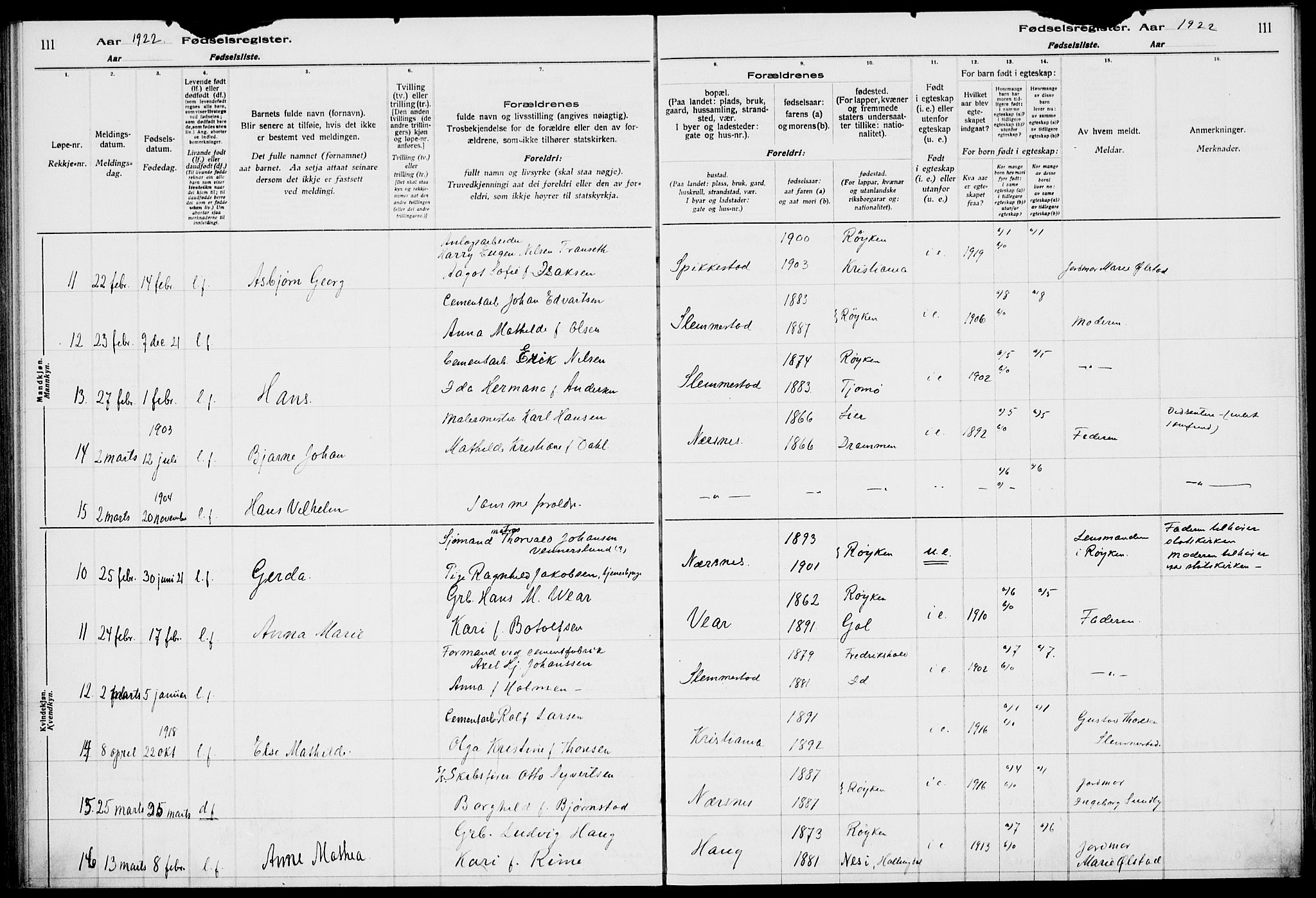 Røyken kirkebøker, AV/SAKO-A-241/J/Ja/L0001: Fødselsregister nr. 1, 1916-1927, s. 111