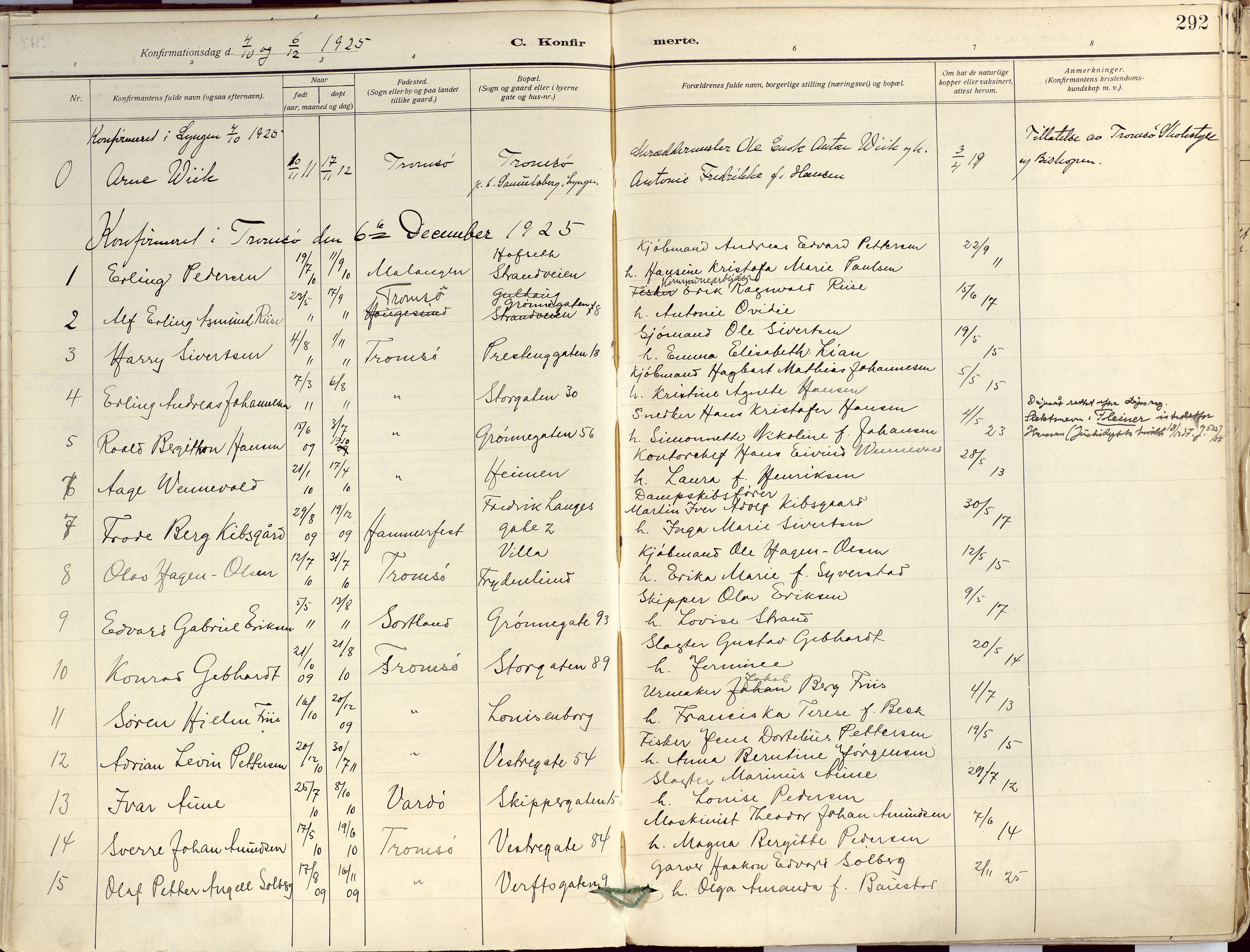 Tromsø sokneprestkontor/stiftsprosti/domprosti, AV/SATØ-S-1343/G/Ga/L0019kirke: Ministerialbok nr. 19, 1917-1927, s. 292