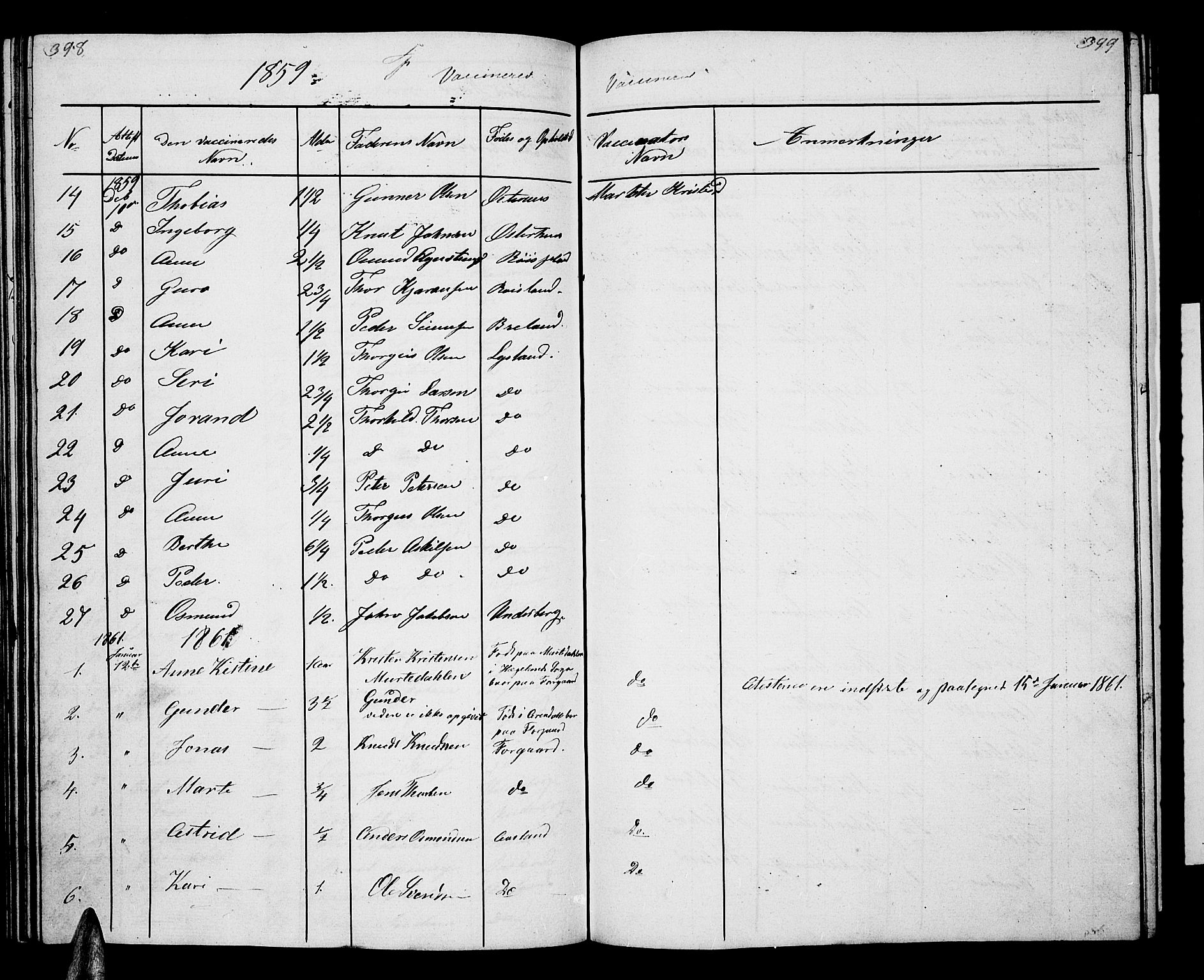 Åseral sokneprestkontor, AV/SAK-1111-0051/F/Fb/L0001: Klokkerbok nr. B 1, 1856-1877, s. 398-399