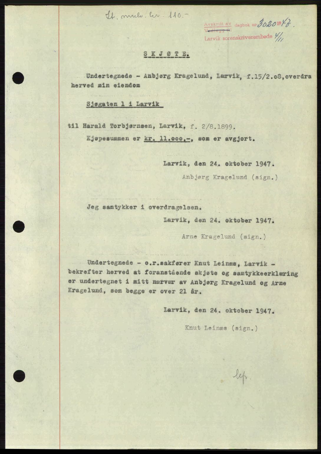 Larvik sorenskriveri, SAKO/A-83/G/Ga/Gab/L0085: Pantebok nr. A-19, 1947-1948, Dagboknr: 3020/1947
