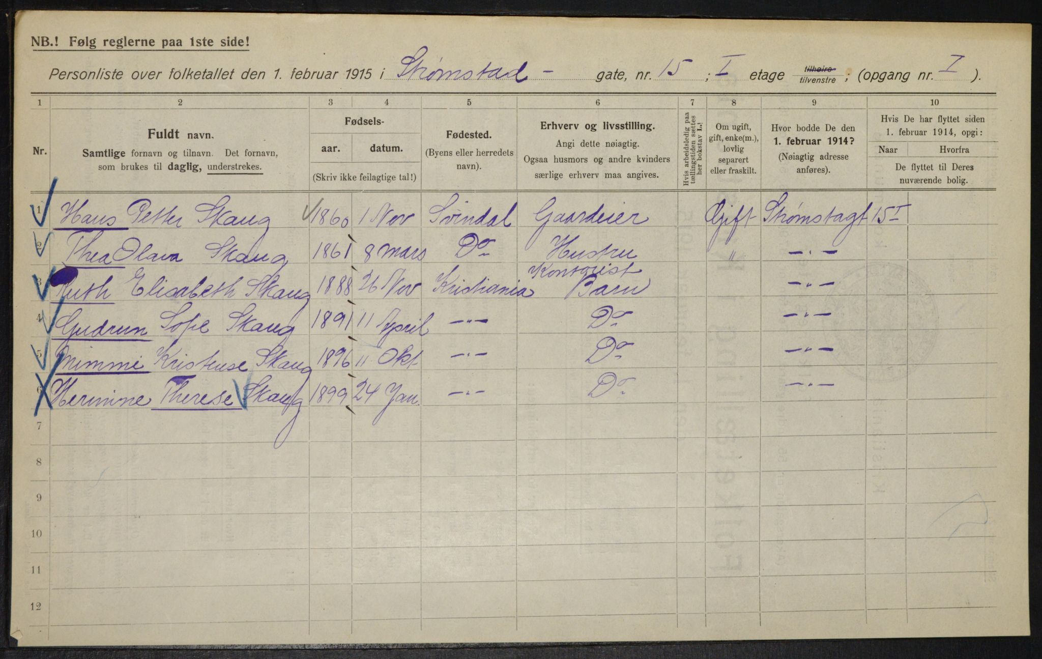 OBA, Kommunal folketelling 1.2.1915 for Kristiania, 1915, s. 104113