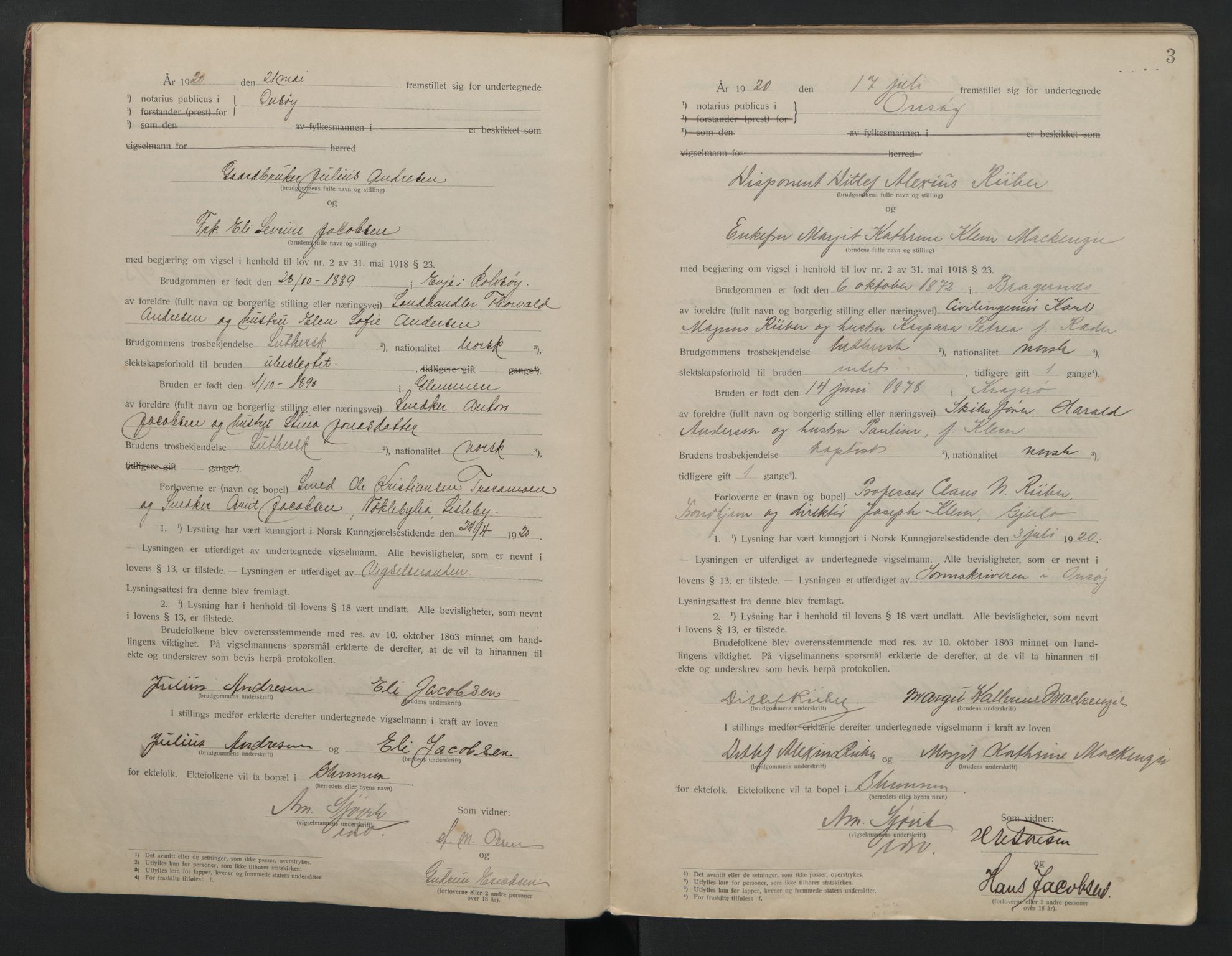 Onsøy sorenskriveri, AV/SAO-A-10474/L/La/L0001: Vigselsbok, 1920-1942, s. 3