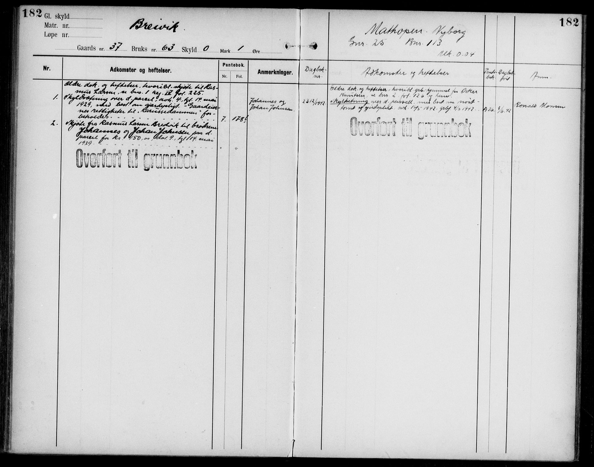 Midhordland sorenskriveri, AV/SAB-A-3001/1/G/Ga/Gab/L0108: Panteregister nr. II.A.b.108, s. 182