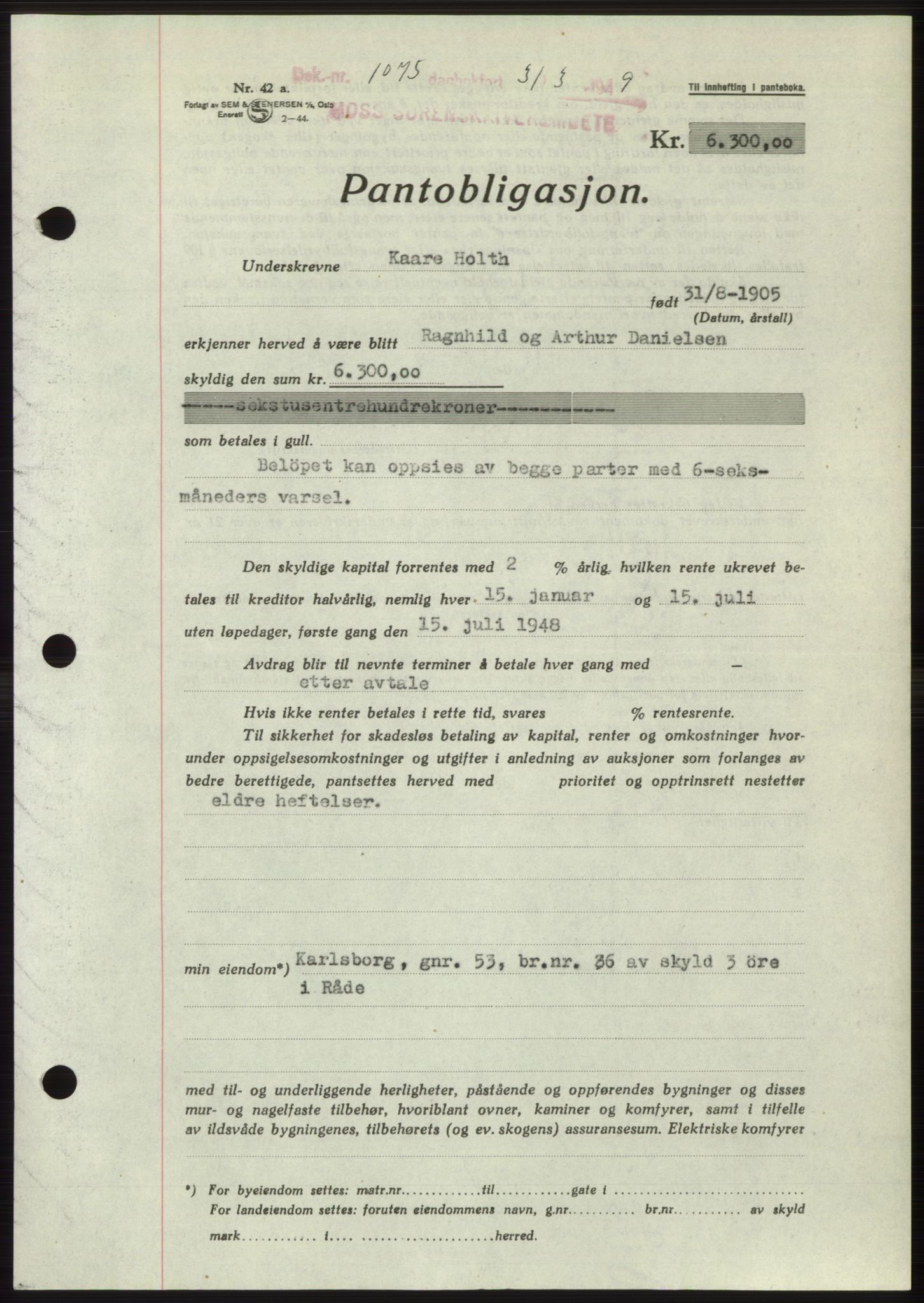 Moss sorenskriveri, SAO/A-10168: Pantebok nr. B21, 1949-1949, Dagboknr: 1075/1949