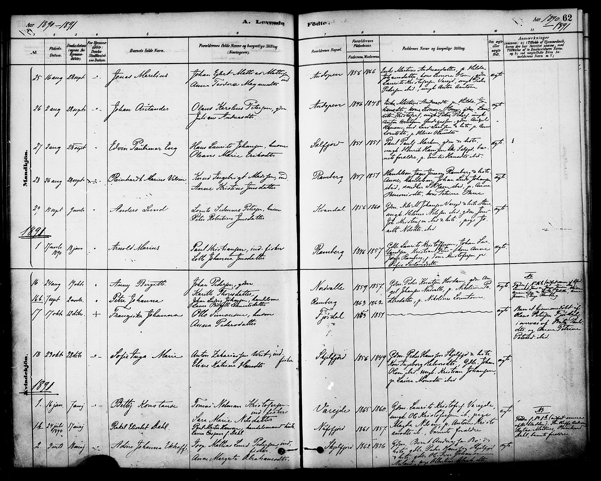 Ministerialprotokoller, klokkerbøker og fødselsregistre - Nordland, AV/SAT-A-1459/885/L1204: Ministerialbok nr. 885A05, 1878-1892, s. 62