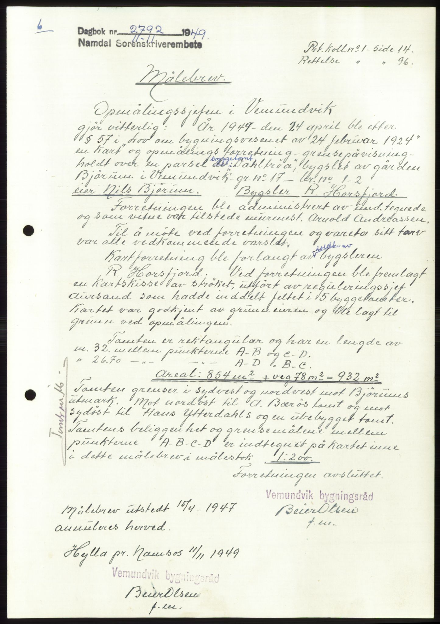 Namdal sorenskriveri, SAT/A-4133/1/2/2C: Pantebok nr. -, 1949-1949, Dagboknr: 2792/1949