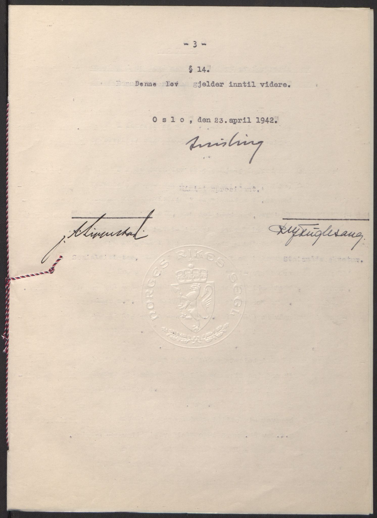 NS-administrasjonen 1940-1945 (Statsrådsekretariatet, de kommisariske statsråder mm), AV/RA-S-4279/D/Db/L0097: Lover I, 1942, s. 309