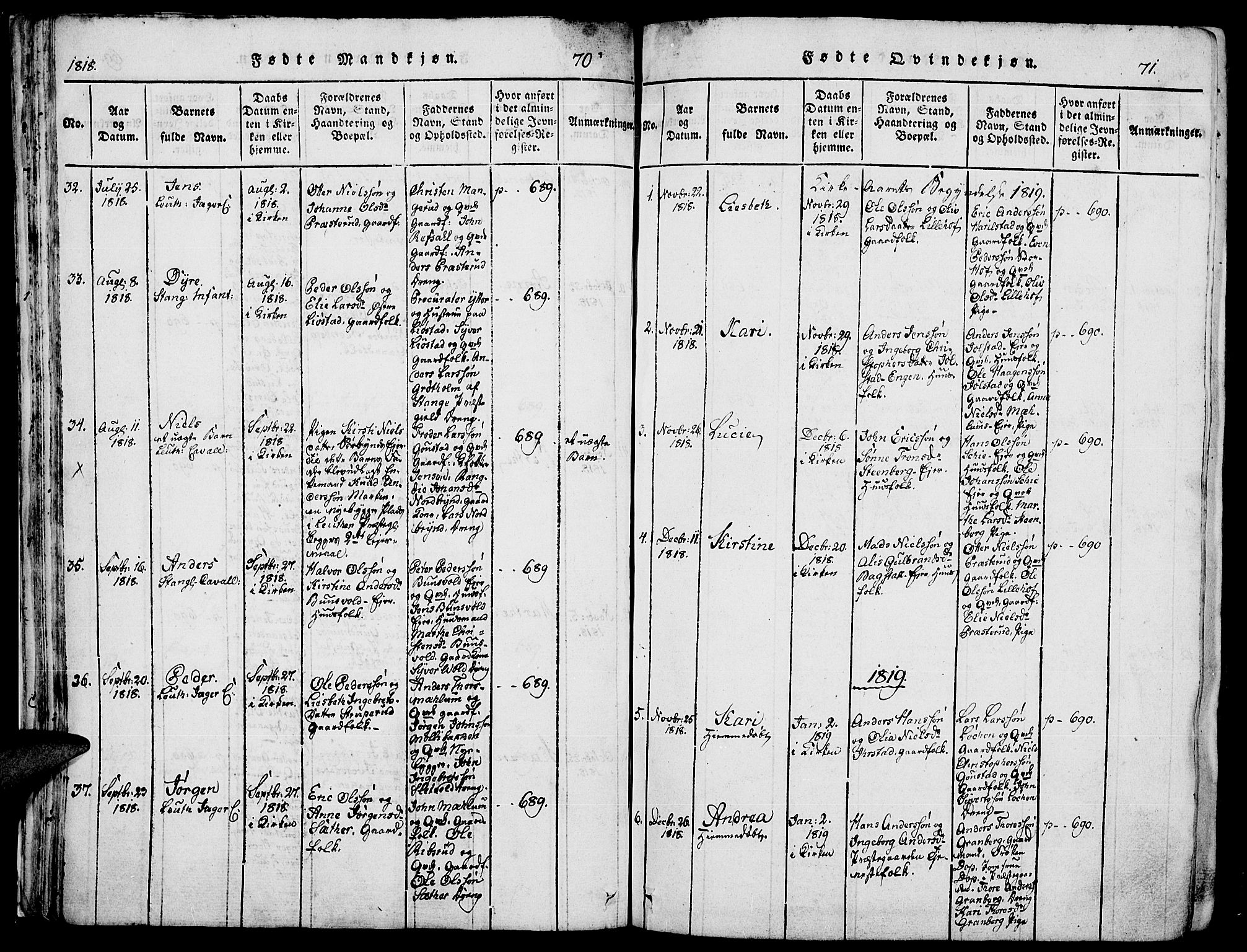 Romedal prestekontor, SAH/PREST-004/K/L0002: Ministerialbok nr. 2, 1814-1828, s. 70-71