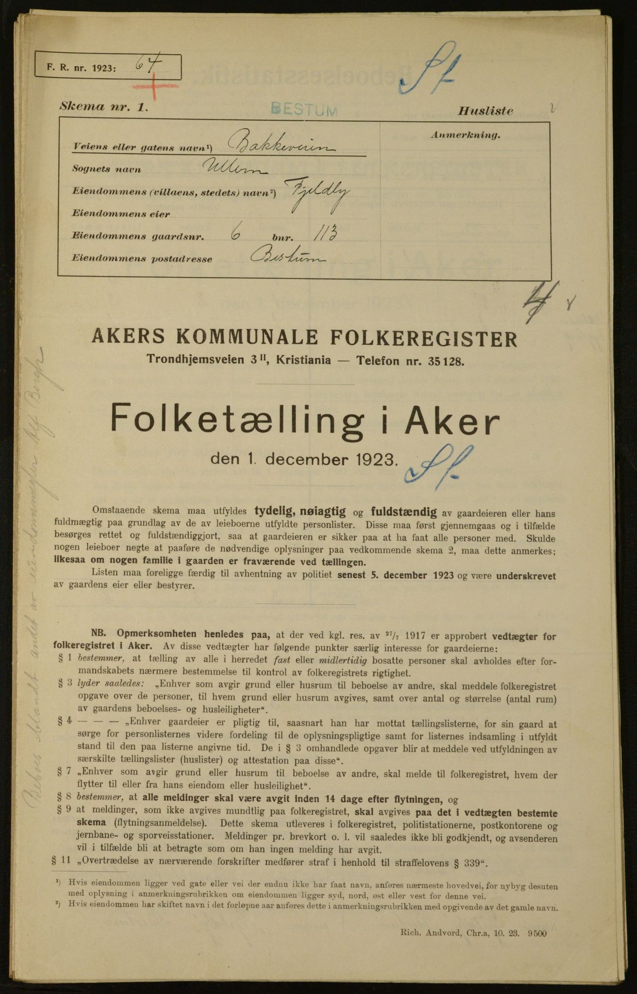 , Kommunal folketelling 1.12.1923 for Aker, 1923, s. 325