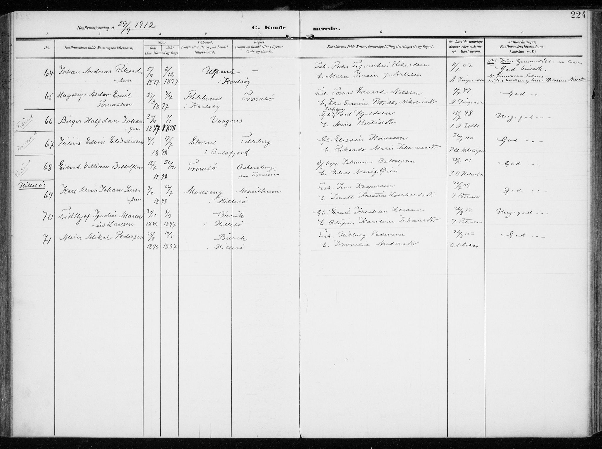 Tromsøysund sokneprestkontor, SATØ/S-1304/G/Ga/L0007kirke: Ministerialbok nr. 7, 1907-1914, s. 224