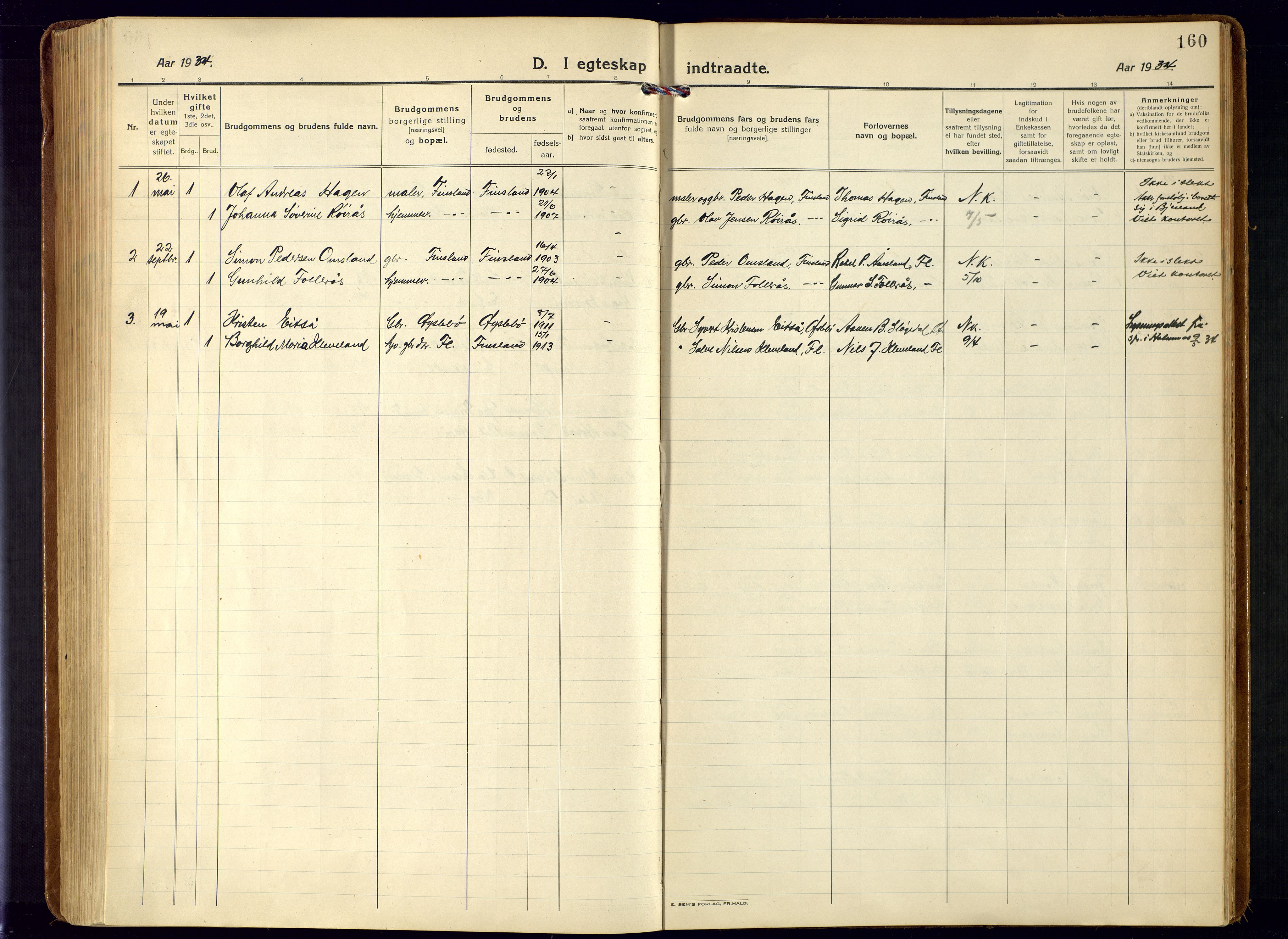 Bjelland sokneprestkontor, AV/SAK-1111-0005/F/Fa/Fab/L0005: Ministerialbok nr. A 5, 1921-1951, s. 160