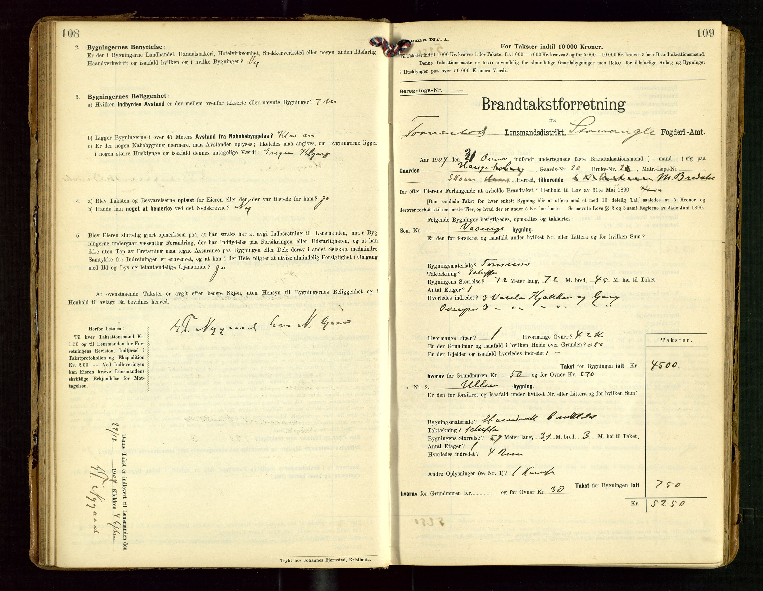 Torvestad lensmannskontor, SAST/A-100307/1/Gob/L0004: "Brandtaxationsprotokol for Torvestad Lensmannsdistrikt", 1909-1923, s. 108-109