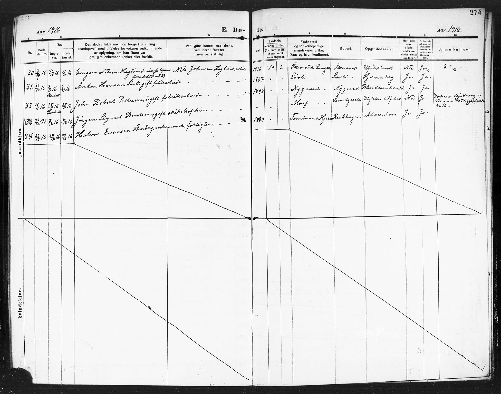 Eidsvoll prestekontor Kirkebøker, AV/SAO-A-10888/G/Ga/L0008: Klokkerbok nr. I 8, 1909-1918, s. 274