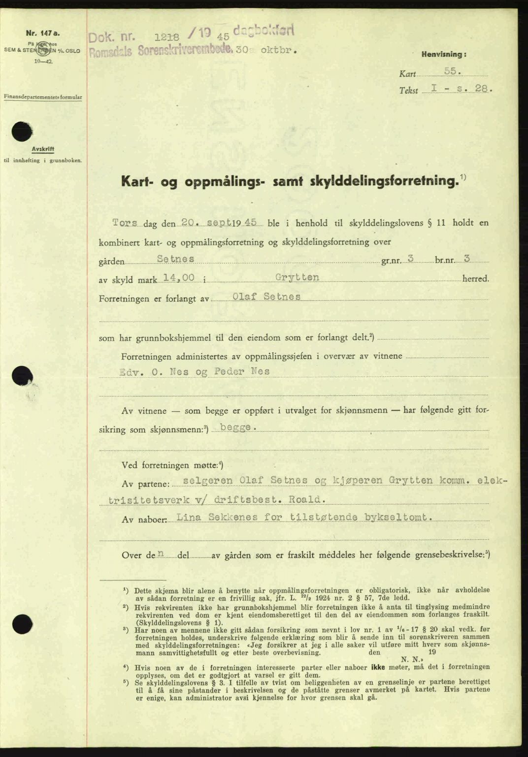 Romsdal sorenskriveri, SAT/A-4149/1/2/2C: Pantebok nr. A18, 1945-1945, Dagboknr: 1218/1945