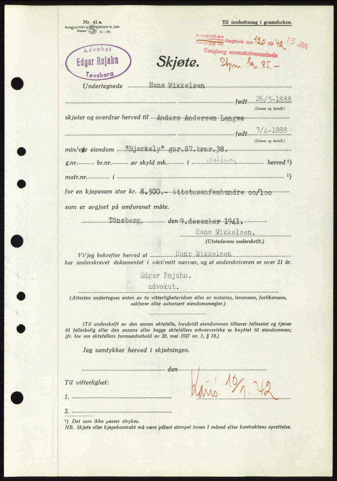 Tønsberg sorenskriveri, AV/SAKO-A-130/G/Ga/Gaa/L0011: Pantebok nr. A11, 1941-1942, Dagboknr: 120/1942