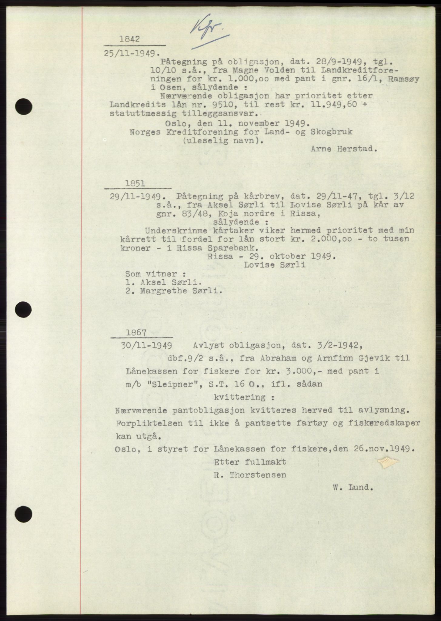 Fosen sorenskriveri, AV/SAT-A-1107/1/2/2C: Pantebok nr. B3, 1948-1950, Dagboknr: 1842/1949