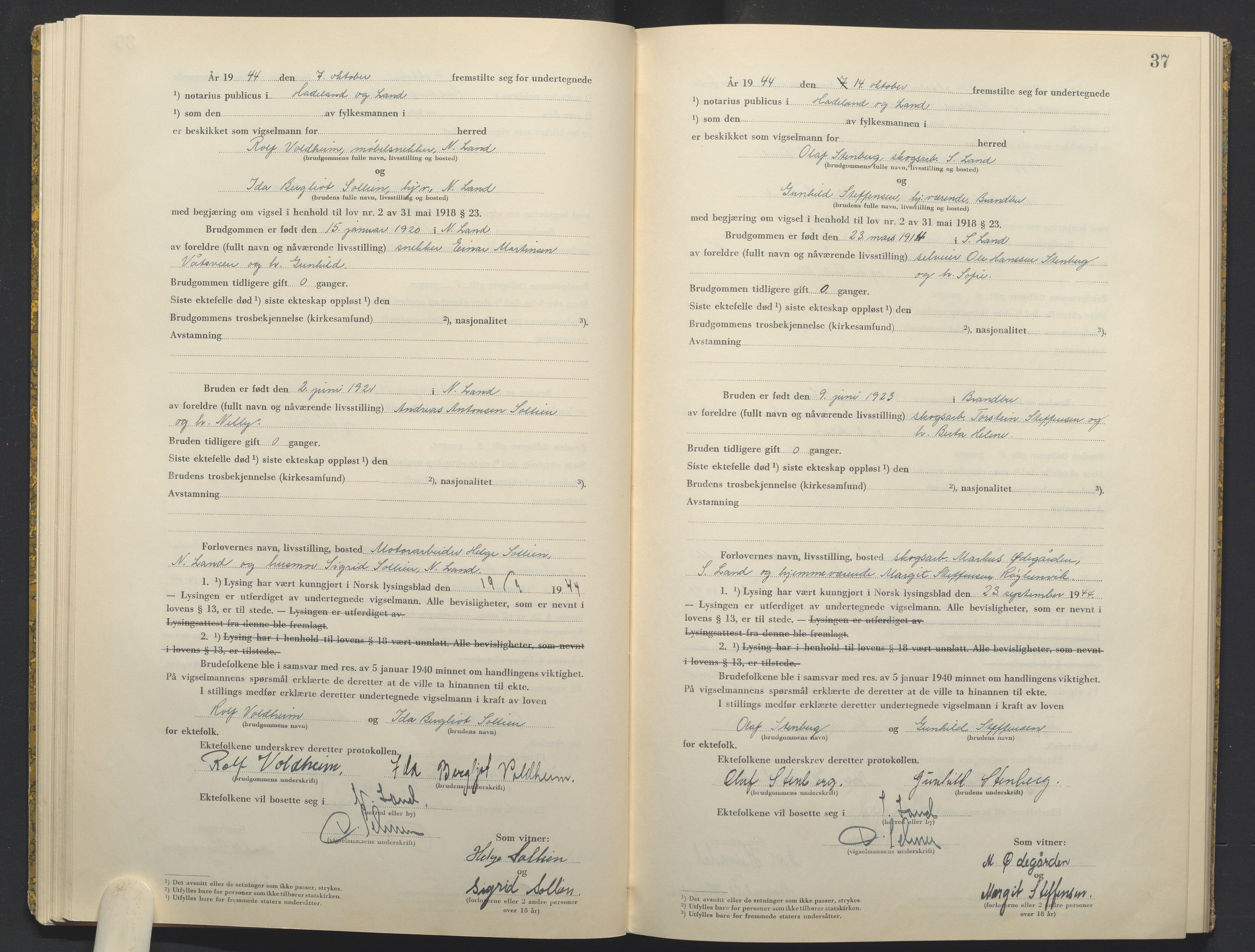 Hadeland og Land tingrett, AV/SAH-TING-010/L/Lb/L0003: Vigselbok, 1944-1946, s. 37
