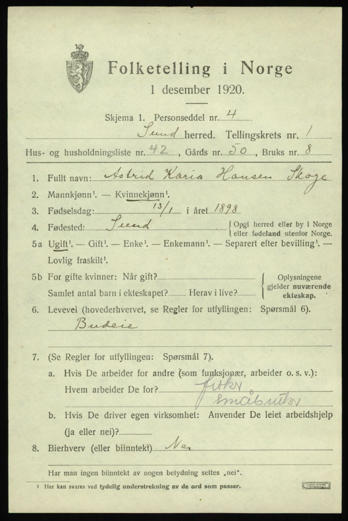 SAB, Folketelling 1920 for 1245 Sund herred, 1920, s. 1485