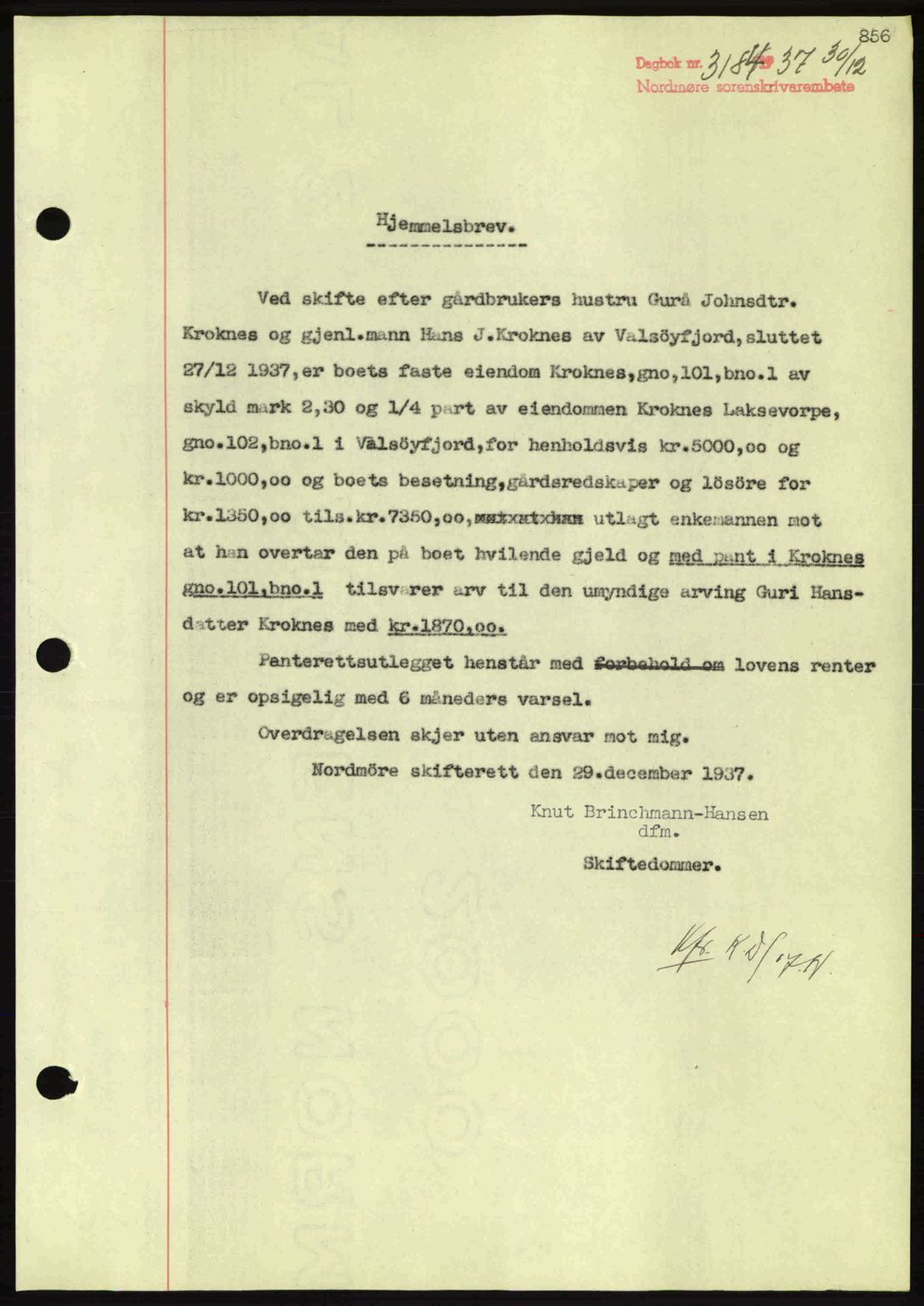 Nordmøre sorenskriveri, SAT/A-4132/1/2/2Ca: Pantebok nr. A82, 1937-1938, Dagboknr: 3184/1937