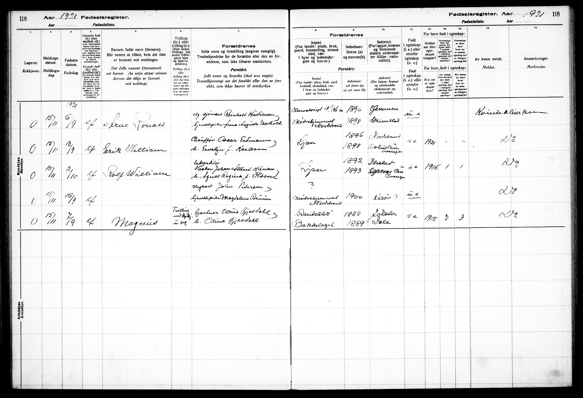Nordstrand prestekontor Kirkebøker, AV/SAO-A-10362a/J/Ja/L0001: Fødselsregister nr. I 1, 1916-1924, s. 118