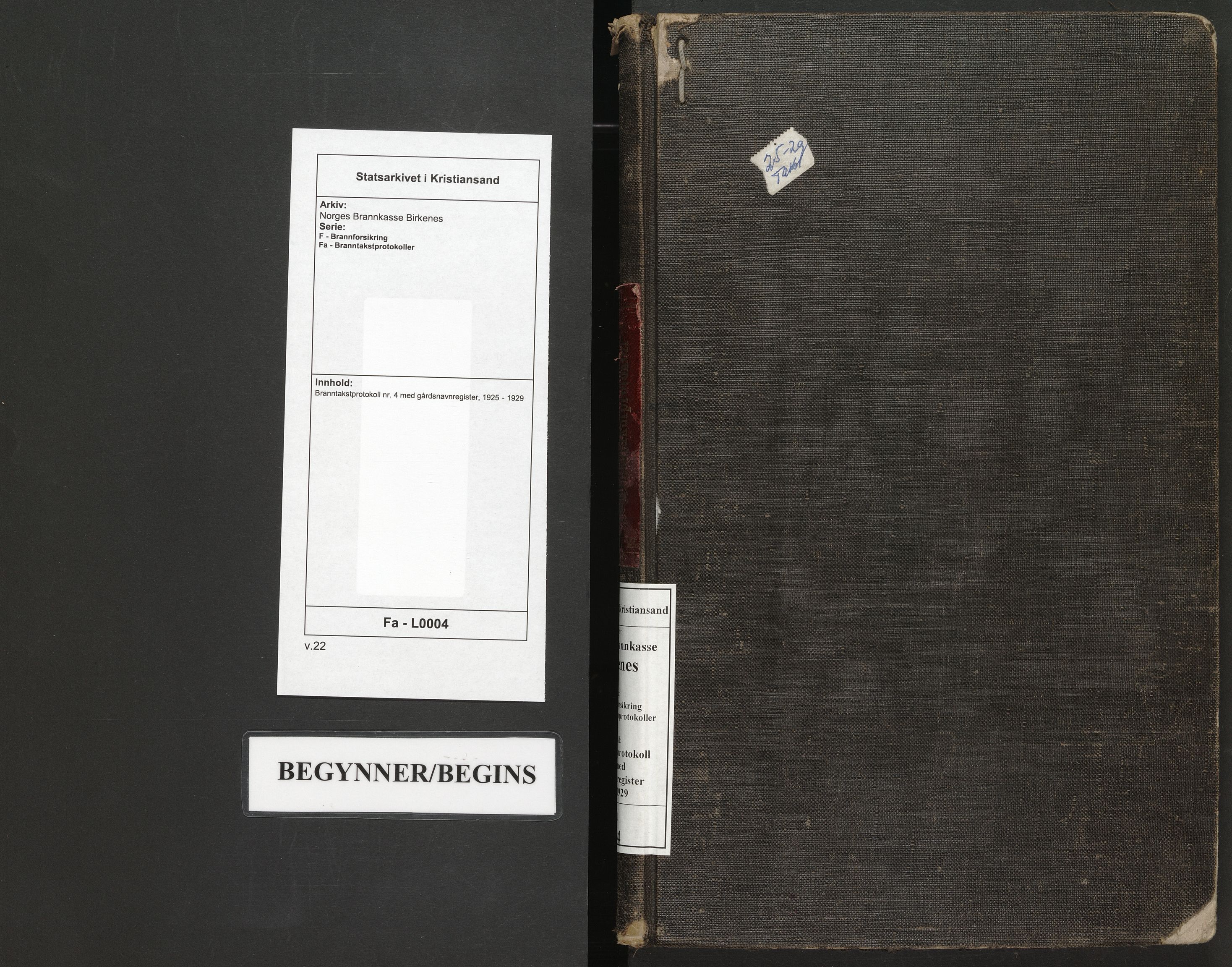 Norges Brannkasse Birkenes, SAK/2241-0005/F/Fa/L0004: Branntakstprotokoll nr. 4 med gårdsnavnregister, 1925-1929