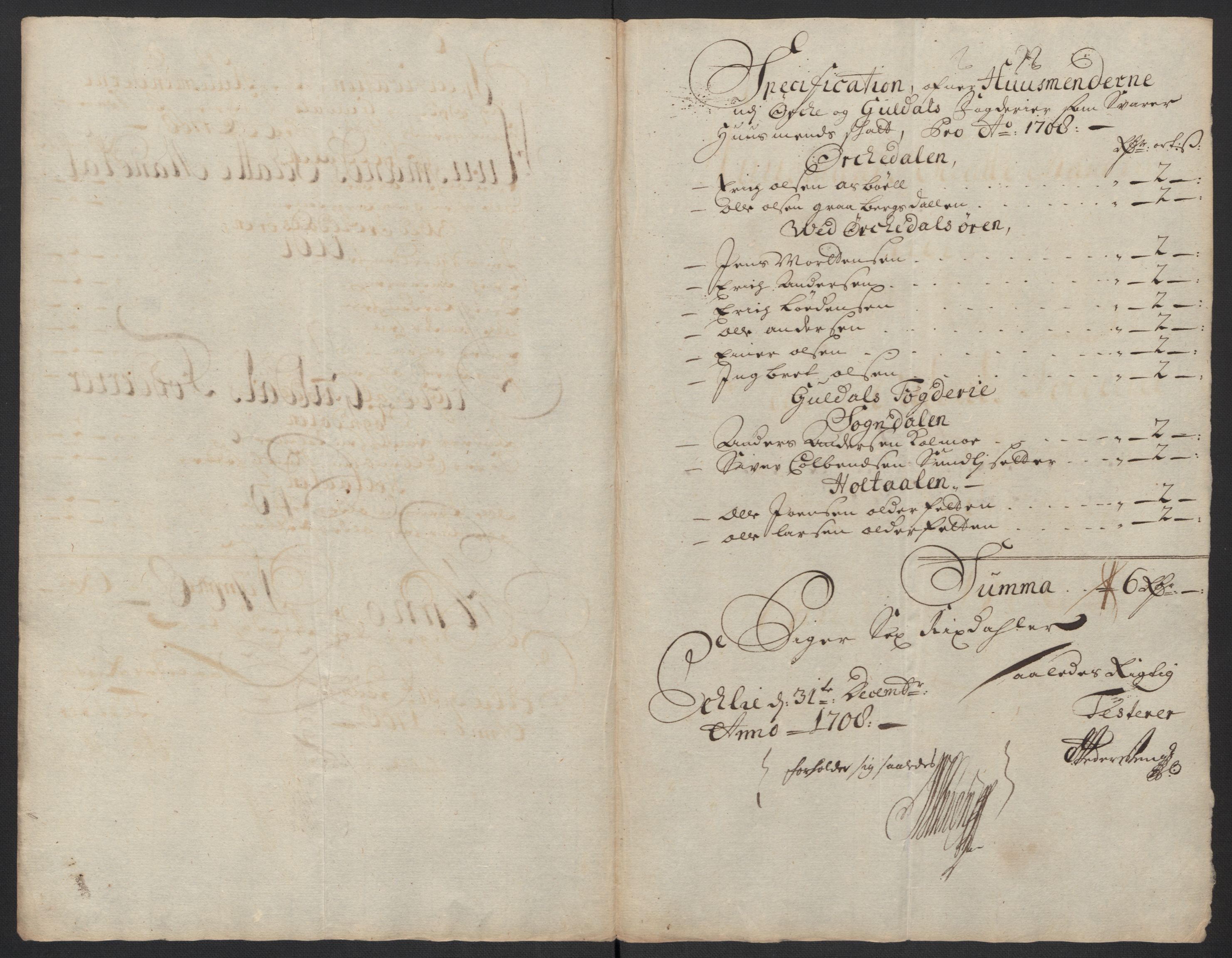 Rentekammeret inntil 1814, Reviderte regnskaper, Fogderegnskap, AV/RA-EA-4092/R60/L3958: Fogderegnskap Orkdal og Gauldal, 1708, s. 223