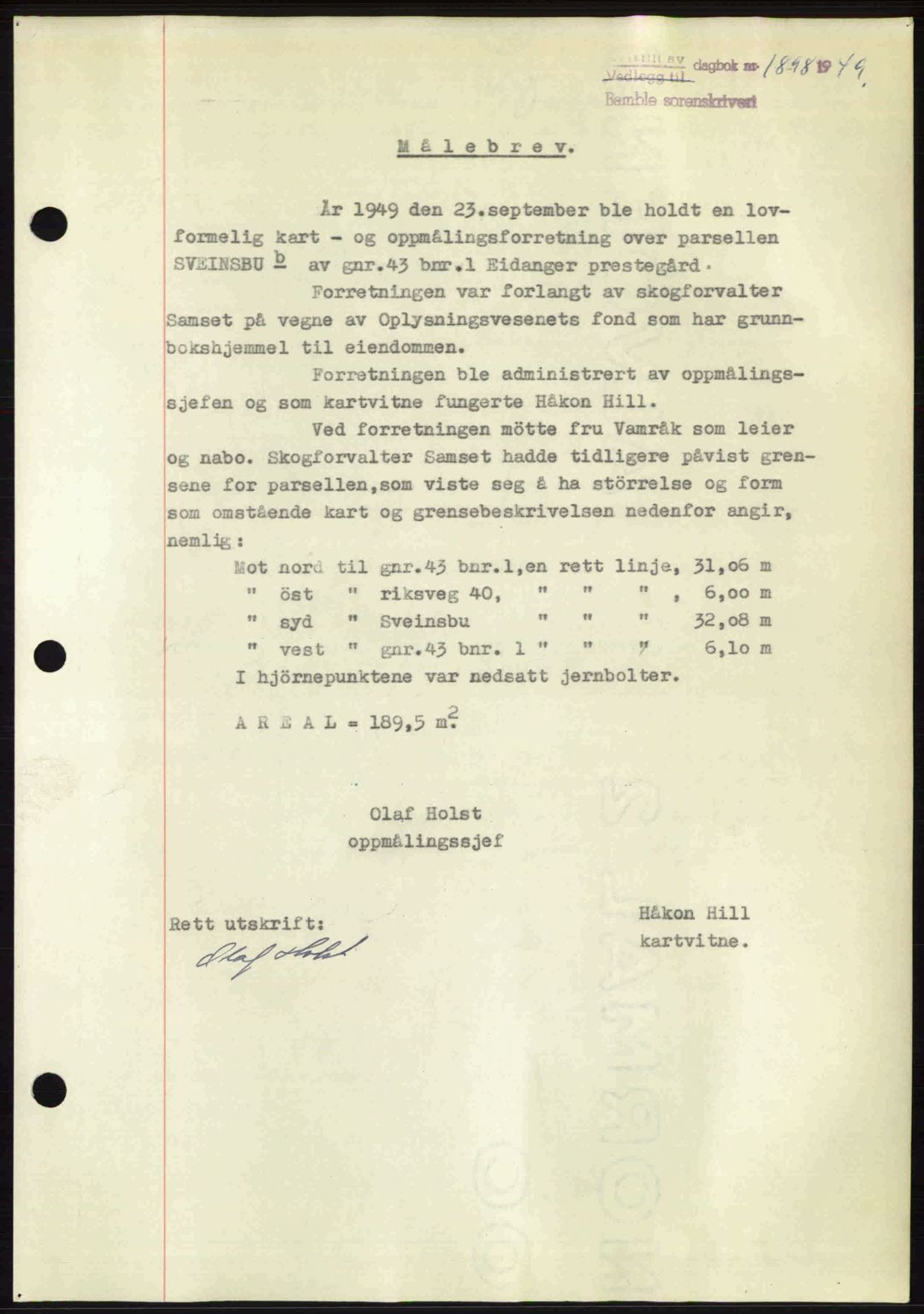 Bamble sorenskriveri, SAKO/A-214/G/Ga/Gag/L0015: Pantebok nr. A-15, 1949-1949, Dagboknr: 1898/1949