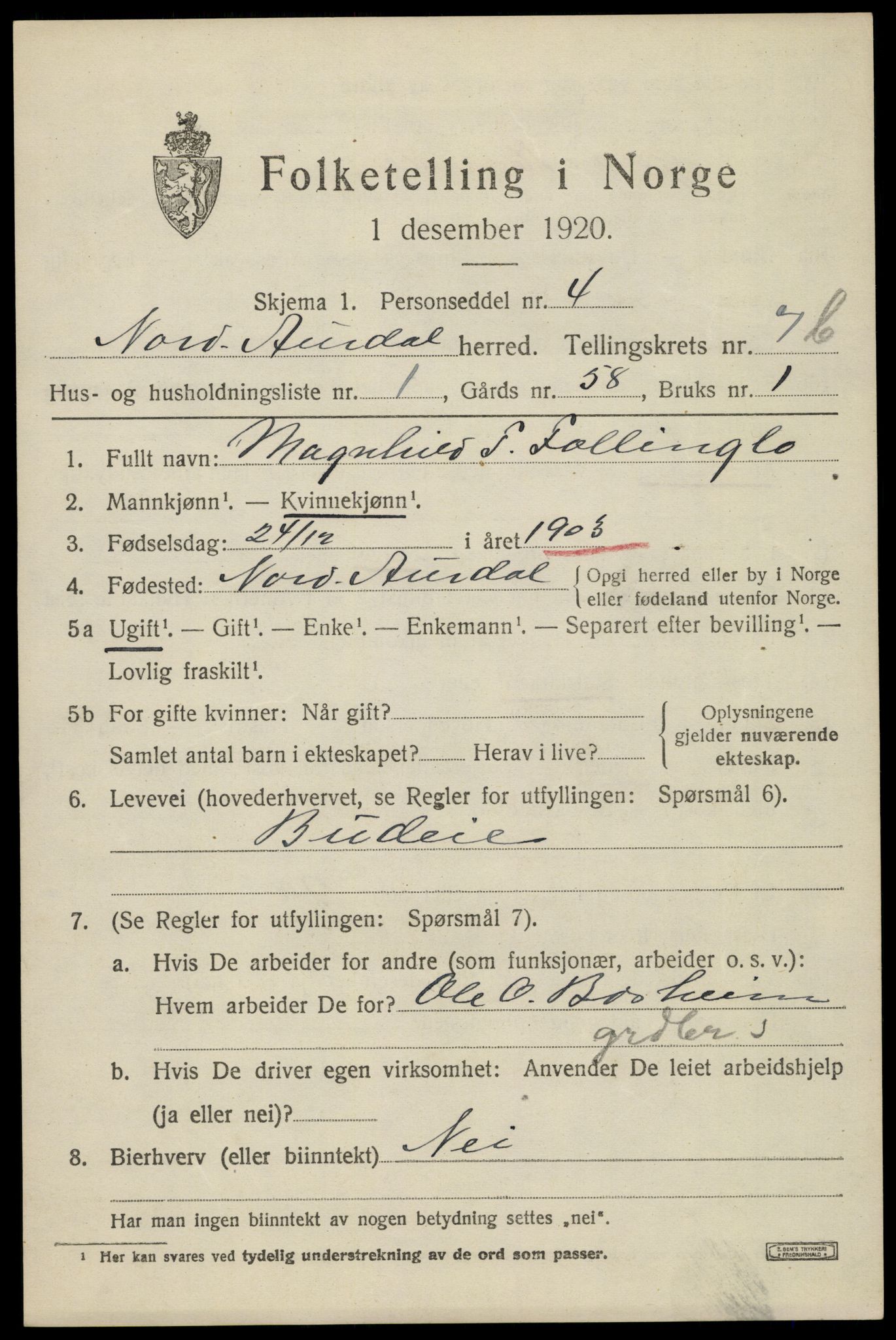 SAH, Folketelling 1920 for 0542 Nord-Aurdal herred, 1920, s. 6664