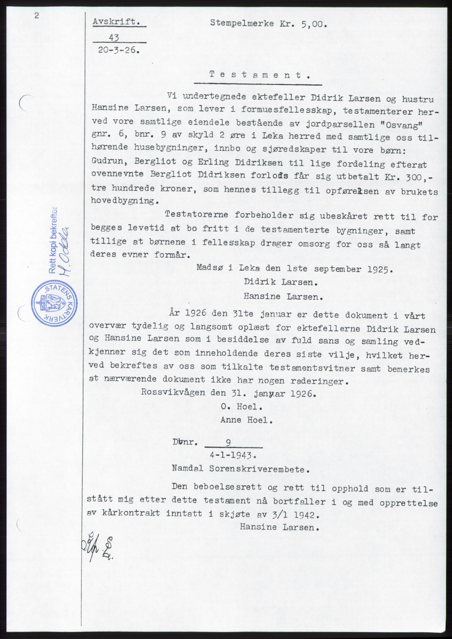 Namdal sorenskriveri, SAT/A-4133/1/2/2C: Pantebok nr. -, 1942-1943, Dagboknr: 9/1943