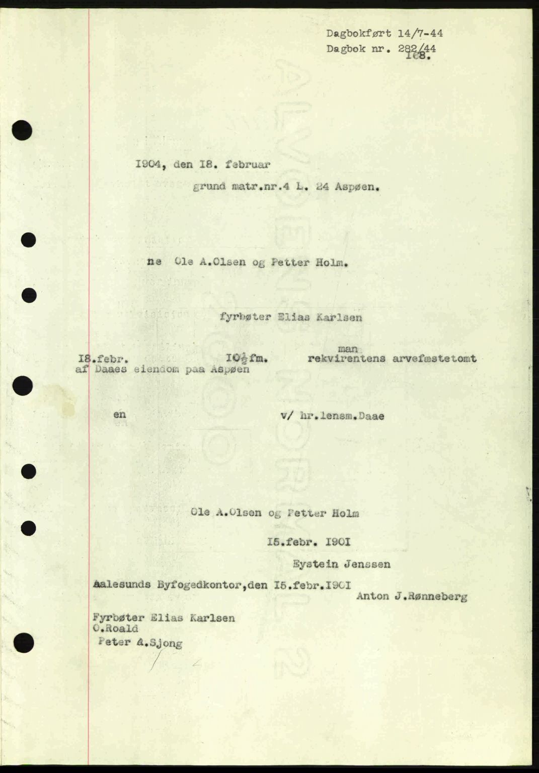 Ålesund byfogd, AV/SAT-A-4384: Pantebok nr. 36a, 1944-1945, Dagboknr: 282/1944