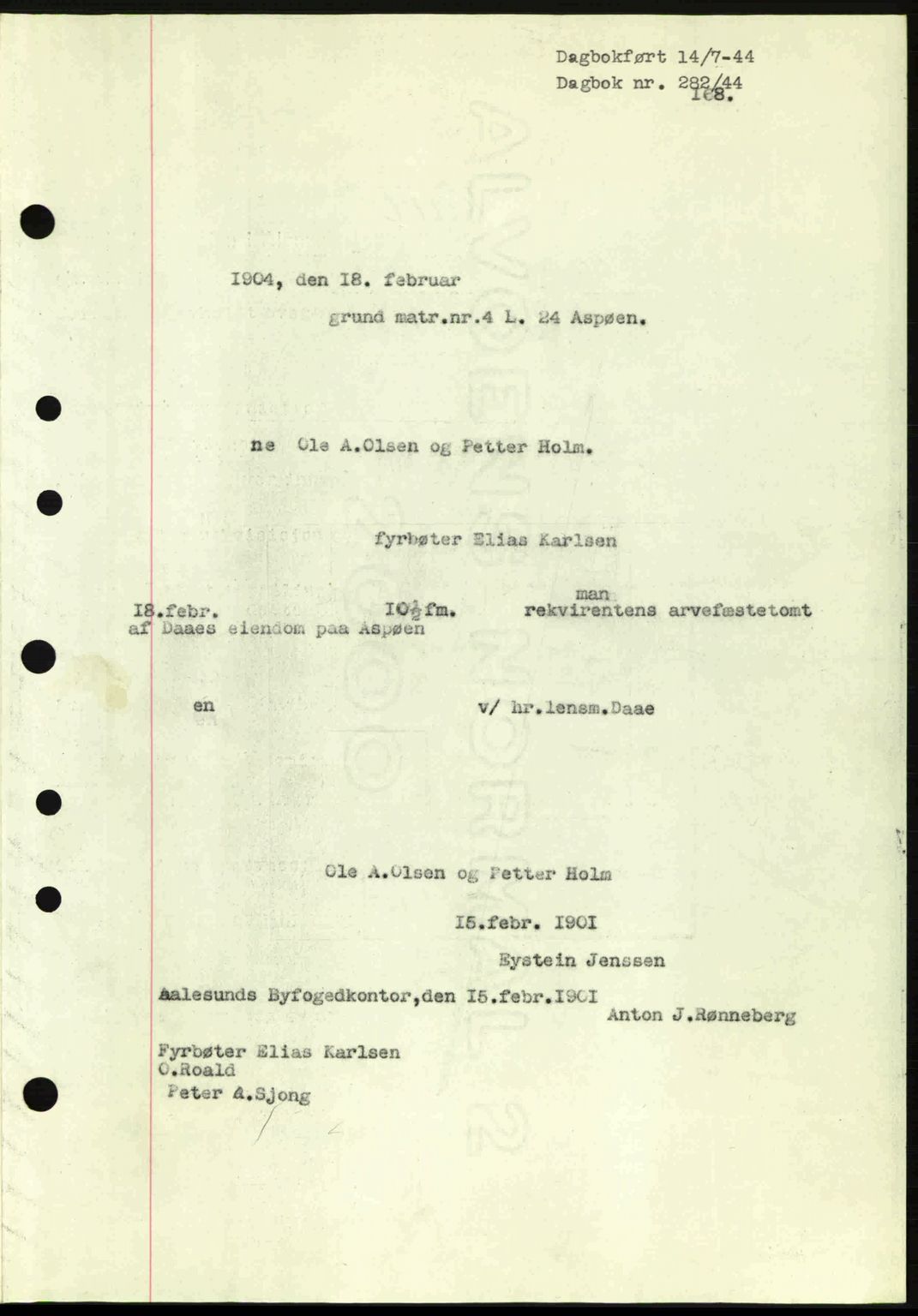 Ålesund byfogd, SAT/A-4384: Pantebok nr. 36a, 1944-1945, Dagboknr: 282/1944