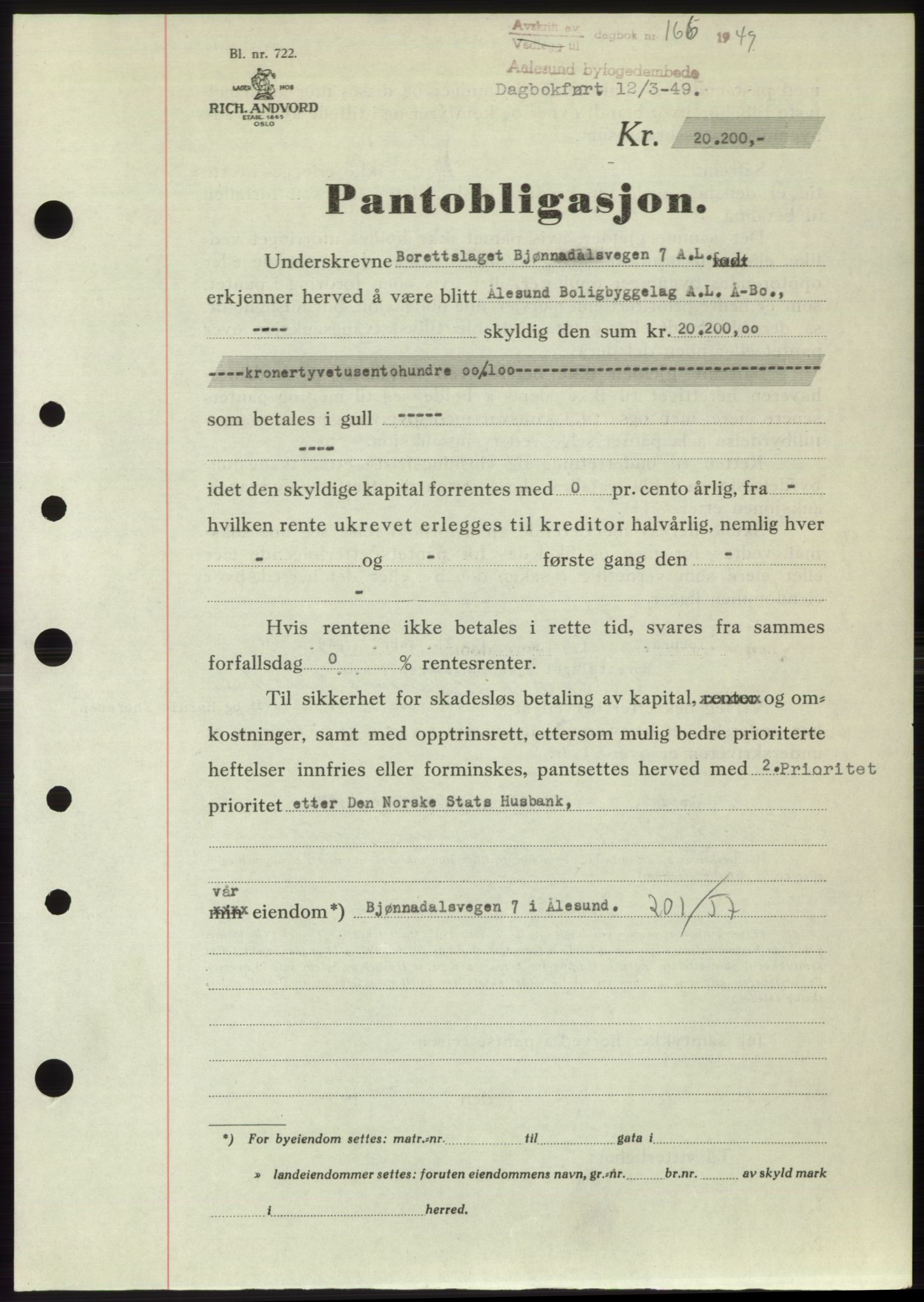 Ålesund byfogd, SAT/A-4384: Pantebok nr. B36-38, 1948-1950, Dagboknr: 166/1949