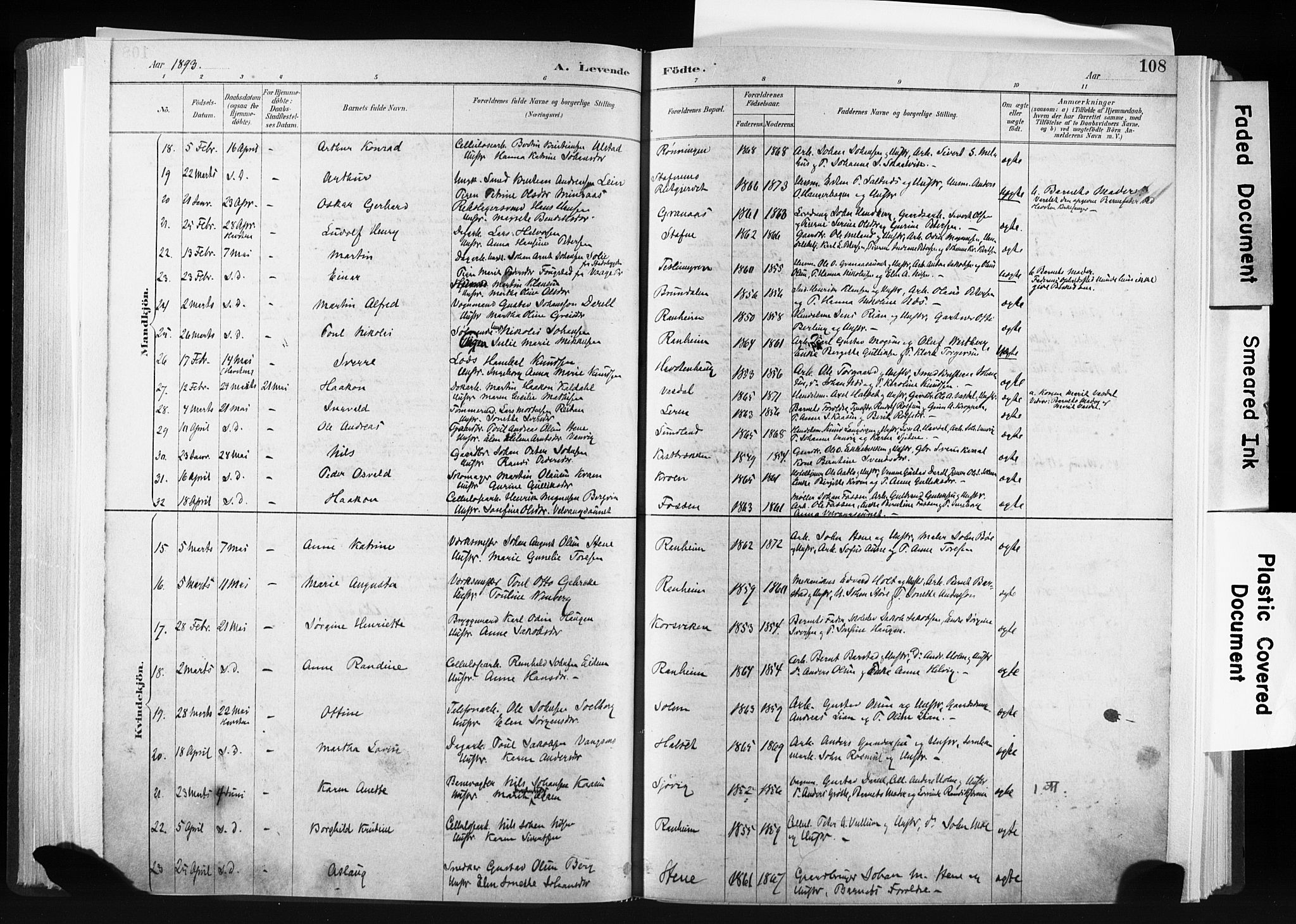 Ministerialprotokoller, klokkerbøker og fødselsregistre - Sør-Trøndelag, SAT/A-1456/606/L0300: Ministerialbok nr. 606A15, 1886-1893, s. 108