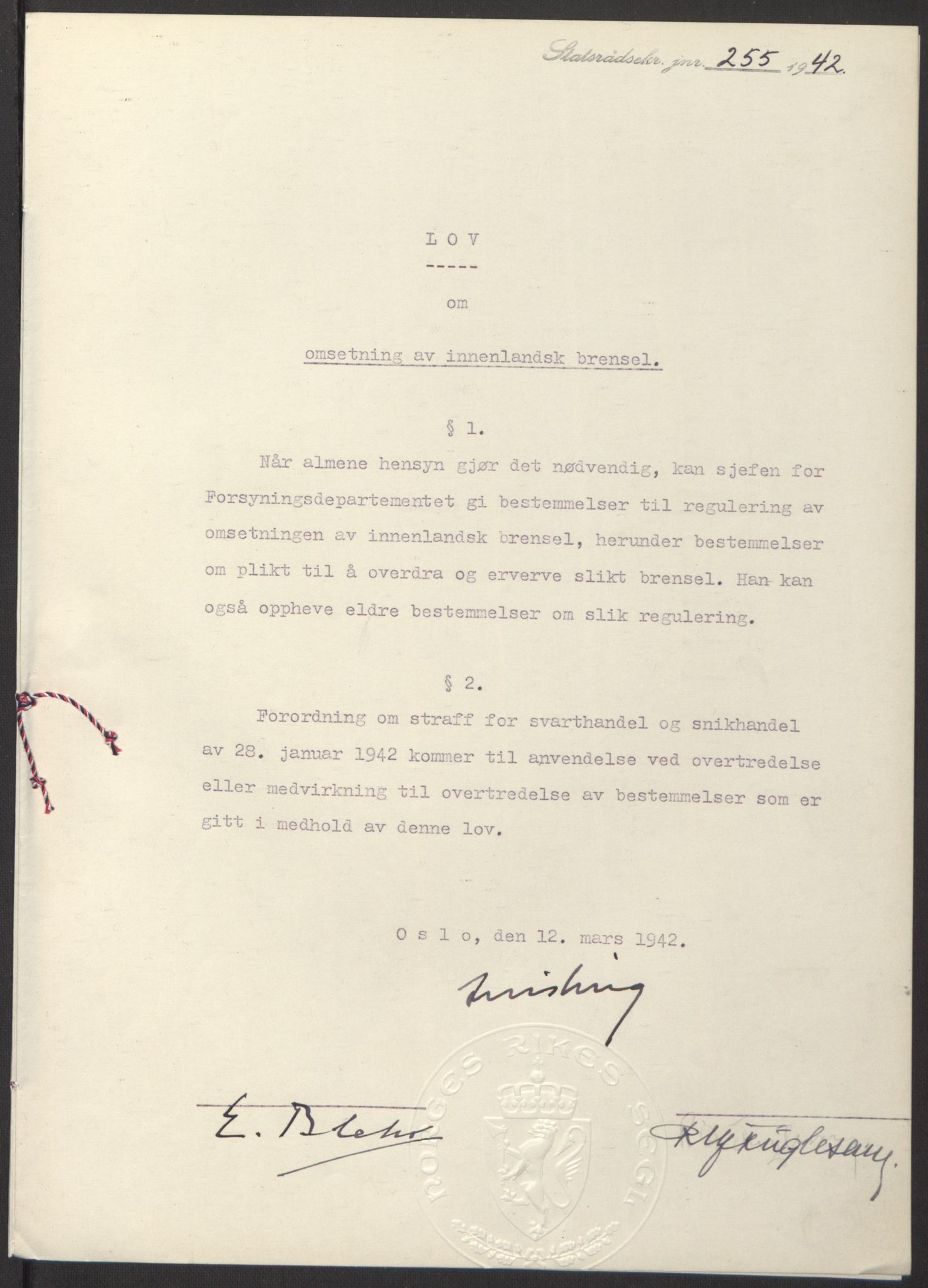 NS-administrasjonen 1940-1945 (Statsrådsekretariatet, de kommisariske statsråder mm), AV/RA-S-4279/D/Db/L0097: Lover I, 1942, s. 152