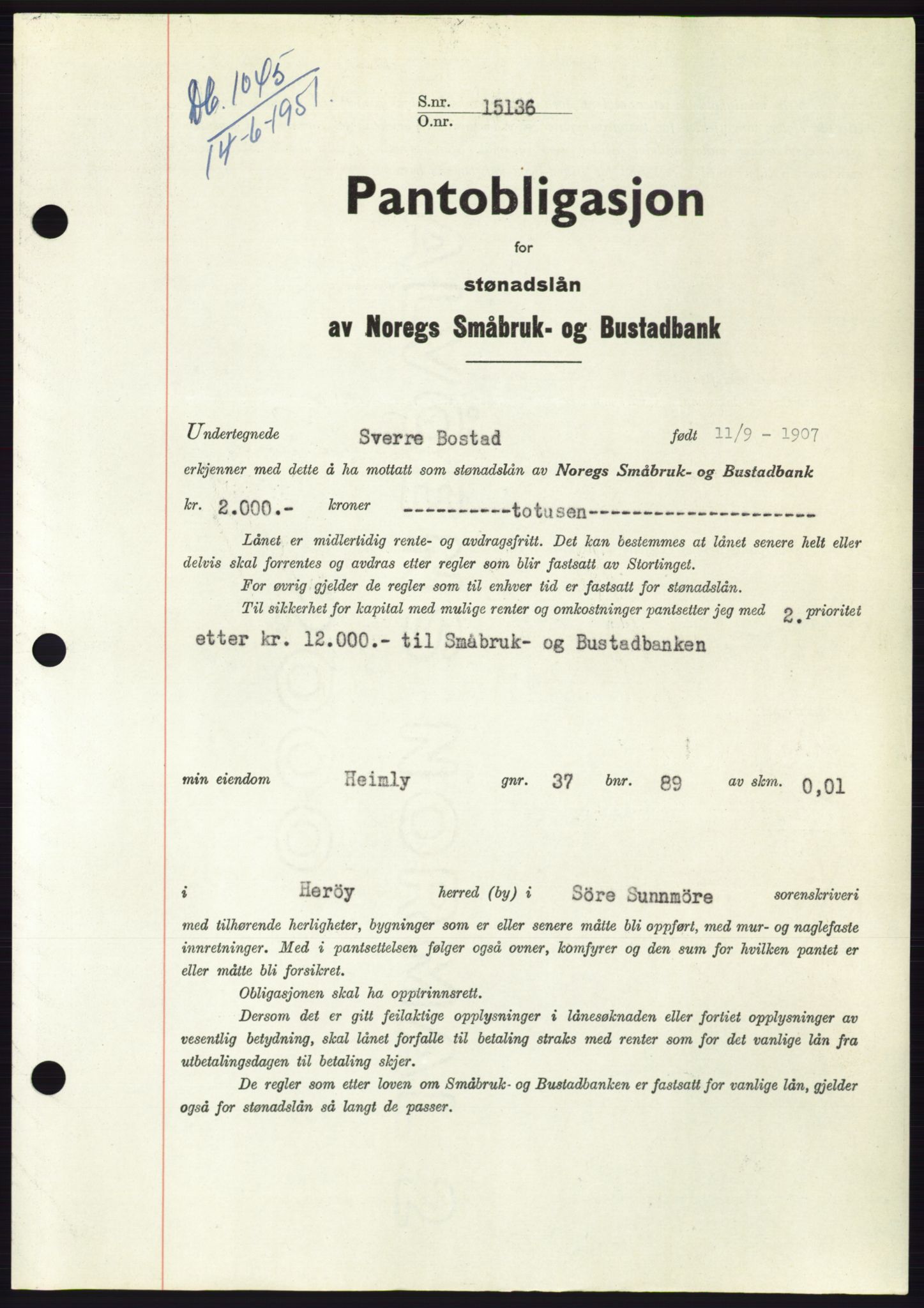 Søre Sunnmøre sorenskriveri, SAT/A-4122/1/2/2C/L0120: Pantebok nr. 8B, 1951-1951, Dagboknr: 1045/1951