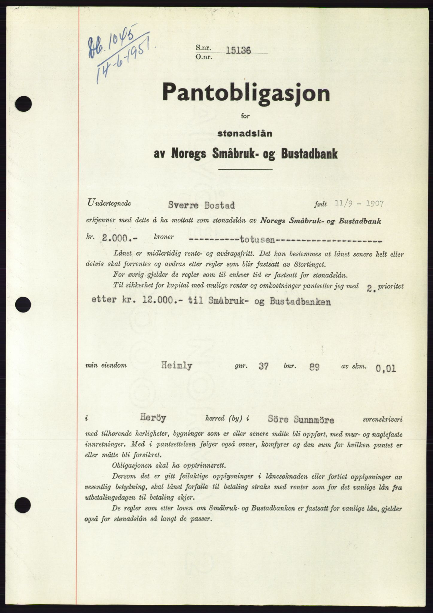 Søre Sunnmøre sorenskriveri, AV/SAT-A-4122/1/2/2C/L0120: Pantebok nr. 8B, 1951-1951, Dagboknr: 1045/1951