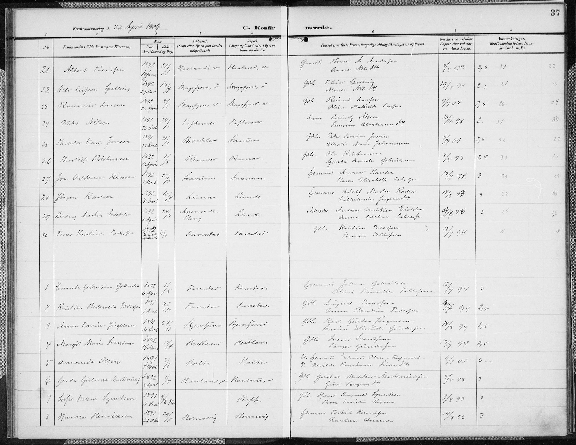 Mandal sokneprestkontor, AV/SAK-1111-0030/F/Fa/Faa/L0019: Ministerialbok nr. A 19, 1902-1912, s. 37