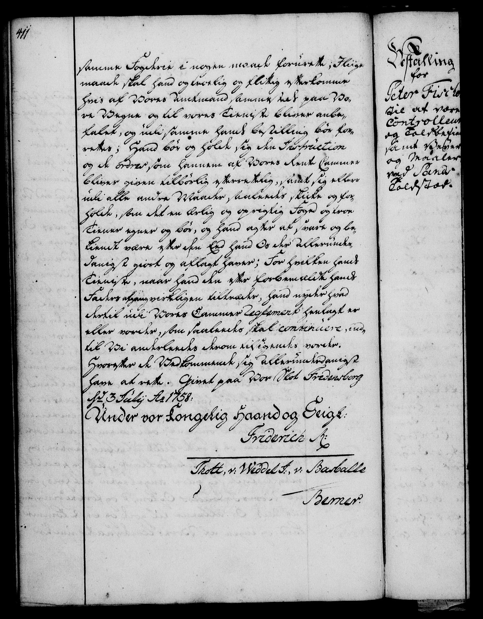 Rentekammeret, Kammerkanselliet, RA/EA-3111/G/Gg/Gge/L0003: Norsk bestallingsprotokoll med register (merket RK 53.27), 1745-1761, s. 411