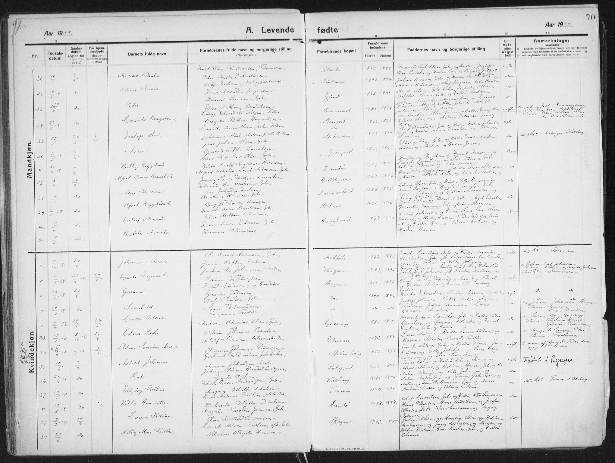 Lenvik sokneprestembete, SATØ/S-1310/H/Ha/Haa/L0016kirke: Ministerialbok nr. 16, 1910-1924, s. 70