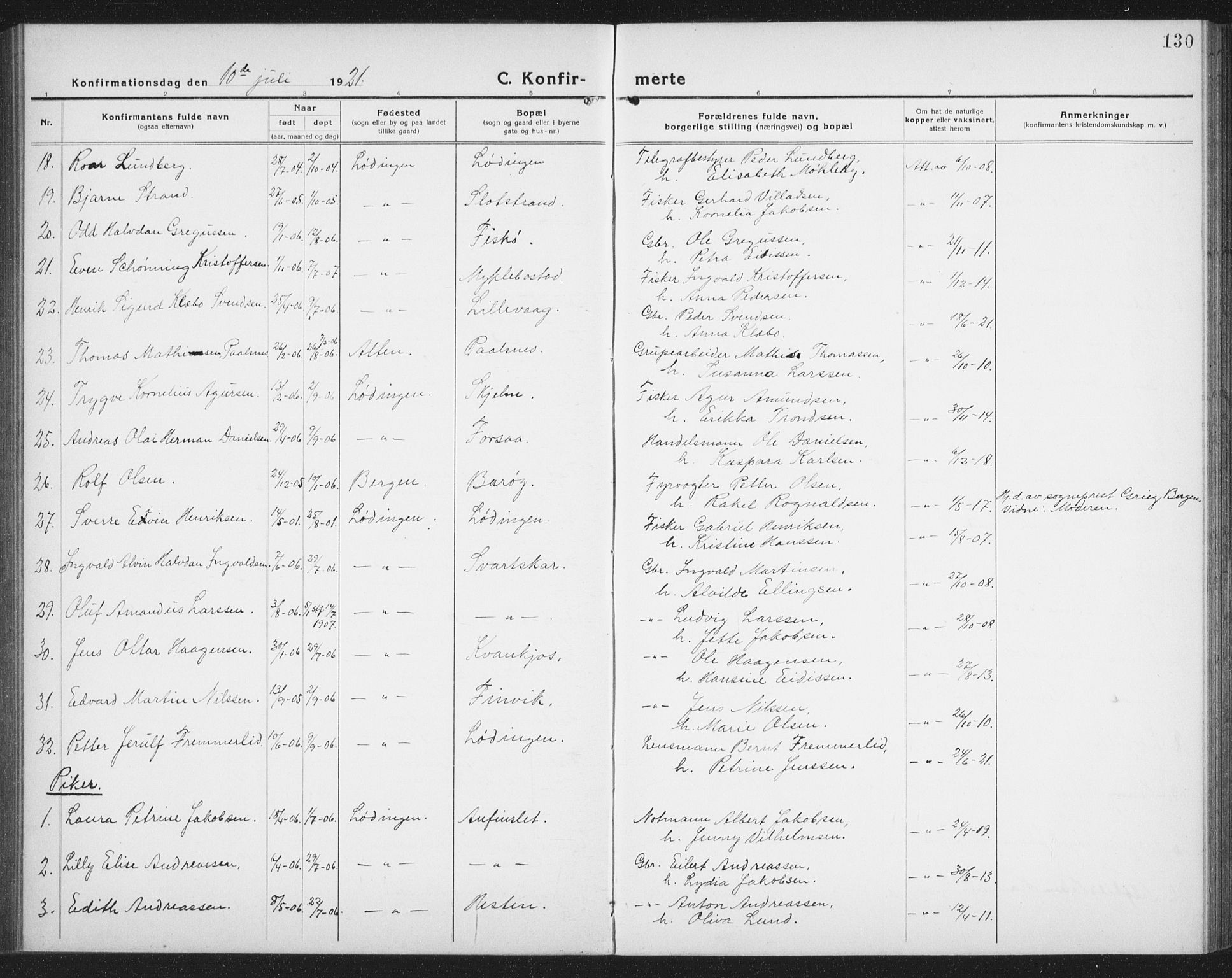 Ministerialprotokoller, klokkerbøker og fødselsregistre - Nordland, AV/SAT-A-1459/872/L1049: Klokkerbok nr. 872C05, 1920-1938, s. 130